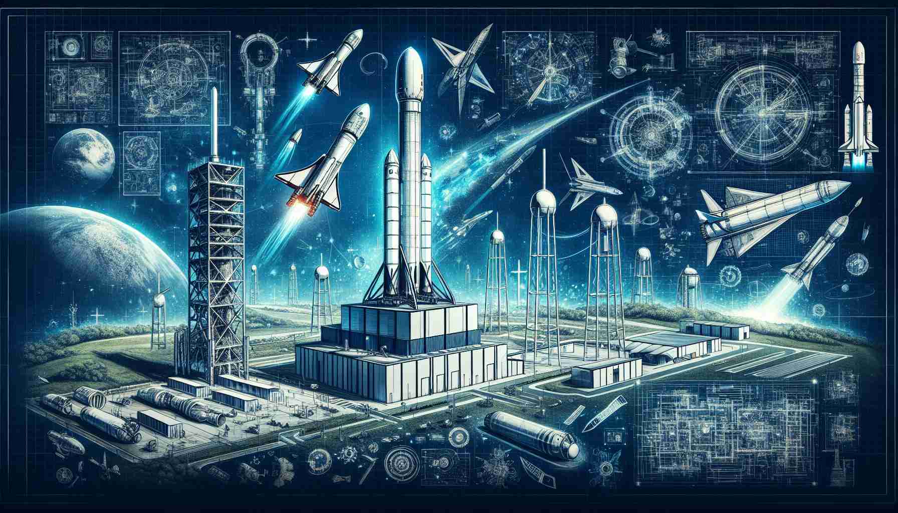 Create a detailed and realistic high-definition image depicting the growth of SpaceX's ambitions. The image should encapsulate the dynamic spirit of a modern space exploration company that is venturing into more than just rocket catching. The picture should embody elements of technology, innovation, and space travel. A few elements to consider could be launch facilities, blueprints, futuristic looking equipment, and stylized depictions of outer space environments.