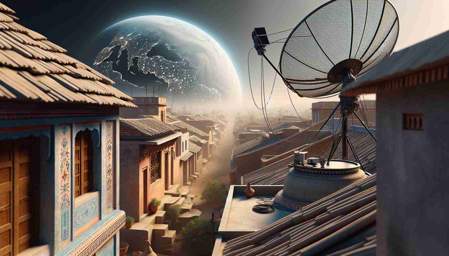 A high-definition, realistic image showcasing a new satellite Internet service set to revolutionize connectivity in India. The image features a contrasting combination of traditional Indian architectural elements with contemporary technology. At the foreground, it depicts a satellite dish installed on a typical Indian house rooftop, against the backdrop of a clear sky. The satellite dish is shown receiving visible signals from a distant orbiting satellite, metaphorically bridging the divide between rural India and the broader digital world.