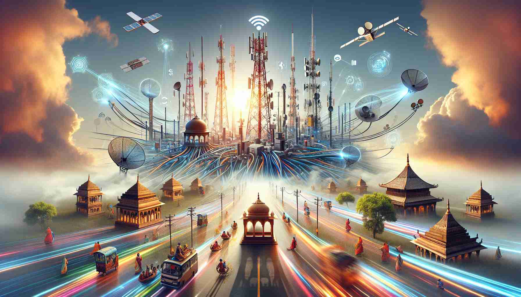 High-definition realistic image showcasing the concept of India's future in telecommunications. Picture a scene where modern technological paraphernalia like 5G towers, fibre optics, satellites, and high-speed internet cables intersect with traditional Indian landmarks. Perhaps illustrate some data flow or digital signals to symbolize the connectivity. It's like watching two worlds - the traditional and the futuristic - colliding at a crossroads, predicting a pivotal point in India's telecom future.