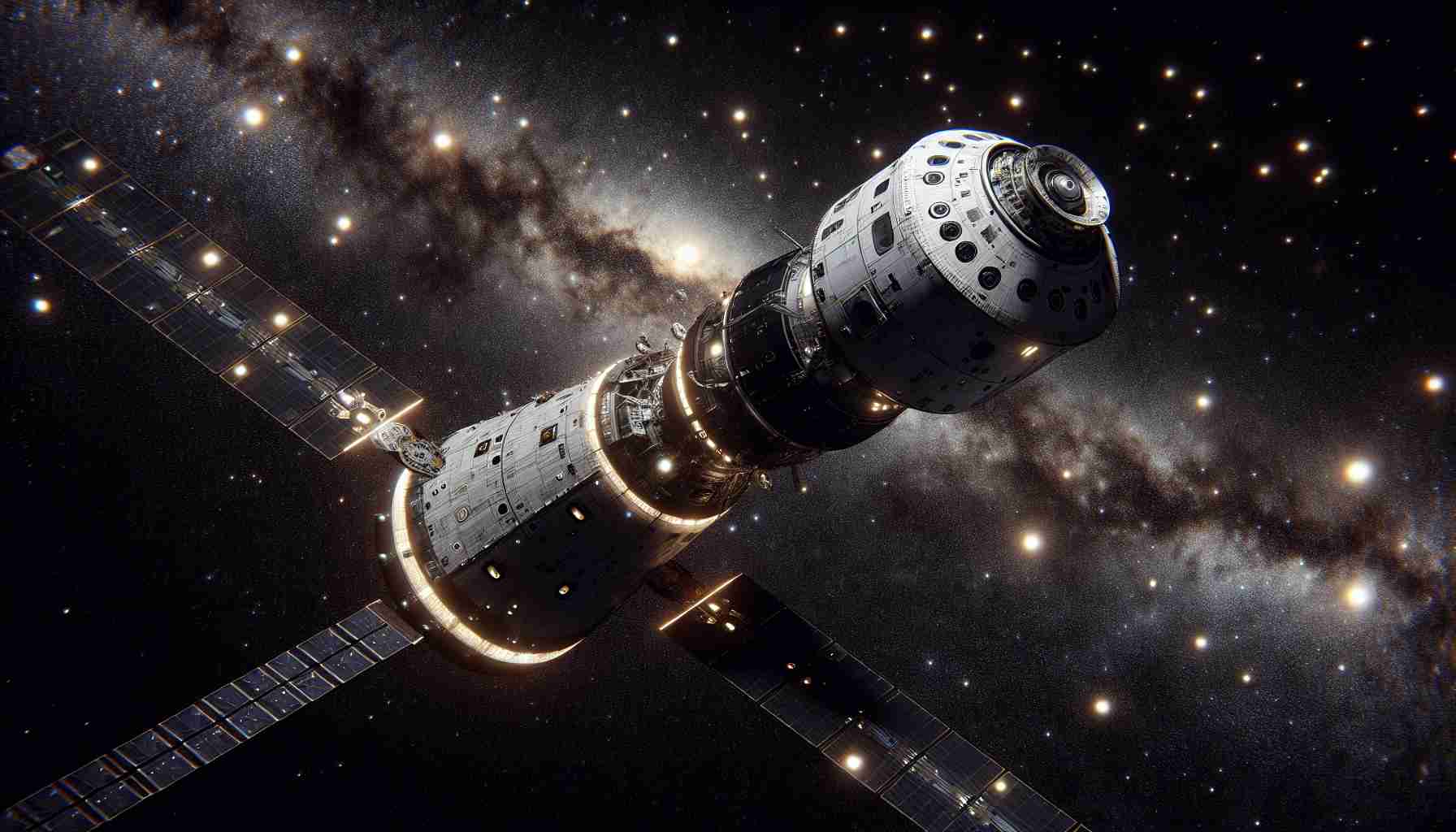 Detailed and realistic HD illustration of a commercial spacecraft named Space Odyssey, presumably from the Boeing Company, as it embarks on an intense journey within the stars. The spacecraft, bearing cutting-edge design and advanced technology, is captured against the vastness of space. Stars twinkle brightly in black expanse around it, with nebulae adding hints of color. The spacecraft itself is locked in a struggle, maneuvering expertly between celestial bodies, suggesting high-stakes action that speaks to the title 'A Struggle in the Stars'.