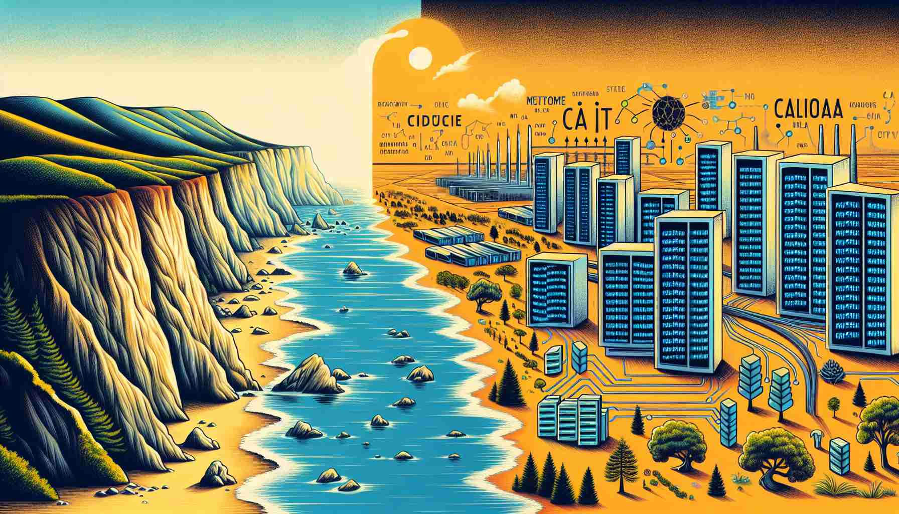 An illustrative image featuring a California coastal landscape on one side and a metonymic representation of the Silicon Valley tech industry on the other side, emphasizing a symbolic conflict. The coastal side should be rich with cliffs, rock formations and the ocean, while the tech side can depict server farms, coding symbols and digital networking themes. Please note that no individuals or actual companies should be identified.