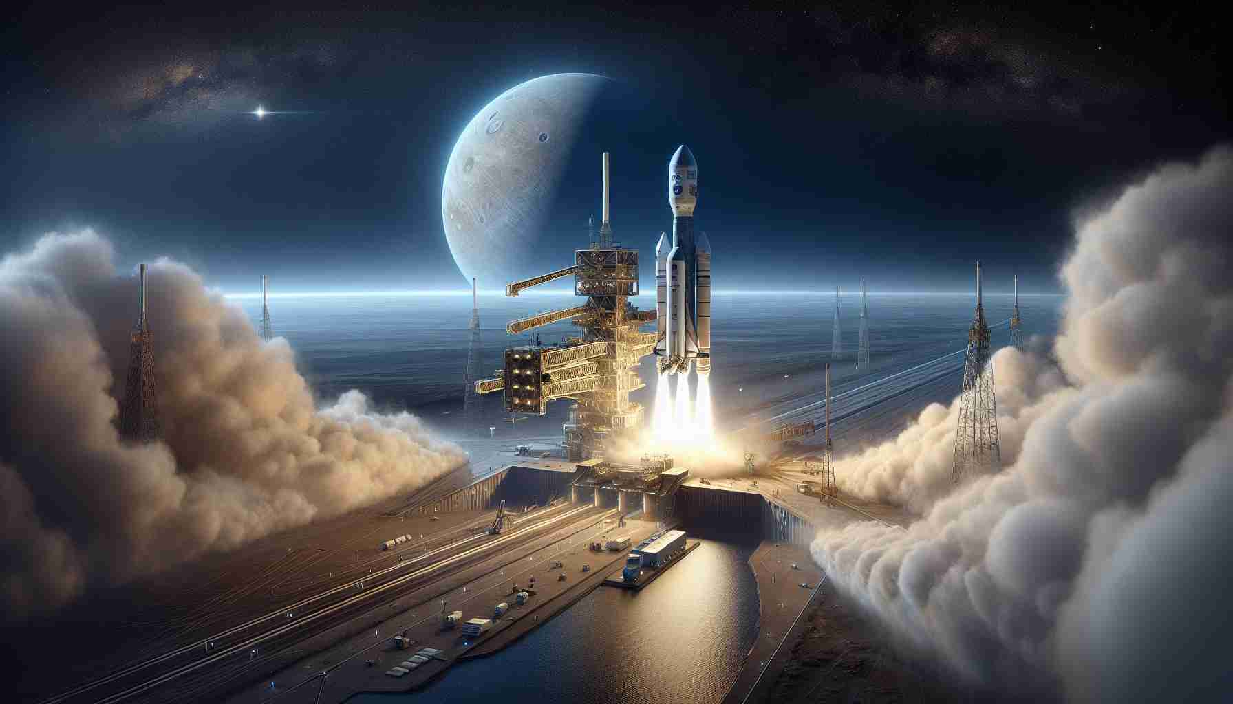 A high-definition, realistic image of a space mission to Jupiter's moon, Europa. The scene depicts the successful launch of a spacecraft named 'Europa Clipper'. The launch vehicle is seen soaring through a clear blue sky, trailing a plume of smoke behind it. Beneath it, the launch platform and adjacent facilities shrink into the distance. In the background, space begins to infringe upon the Earth's atmospheric boundary, signifying the craft's upward journey. The corners of the image bear the insignia and mission name, indicating the commencement of the exploration of Europa.