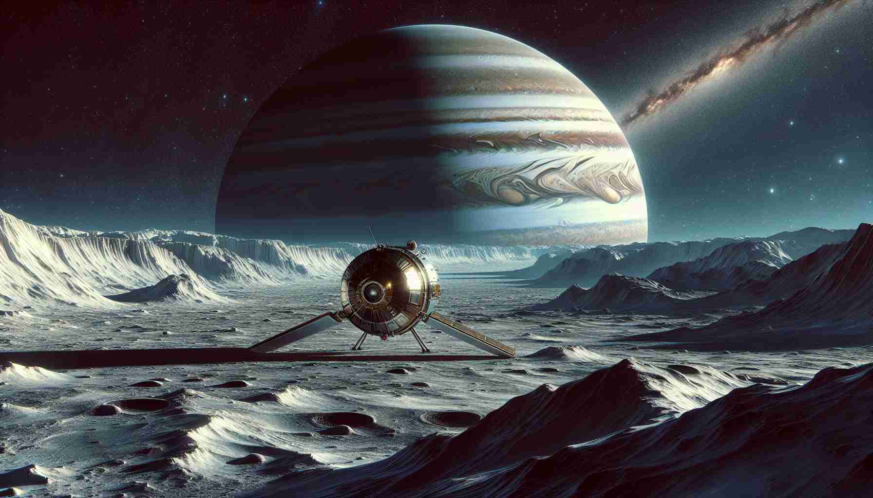 High definition and realistic illustration showcasing NASA's journey to explore Jupiter's moon, Europa. The scene includes a sleek, high-tech spacecraft approaching the icy surface of the moon, confronting with the icy terrain and the shadows cast by nearby mountains. In the backdrop, Jupiter's massive form with its banded clouds and the distant glimmer of stars in the vast reaches of outer space.