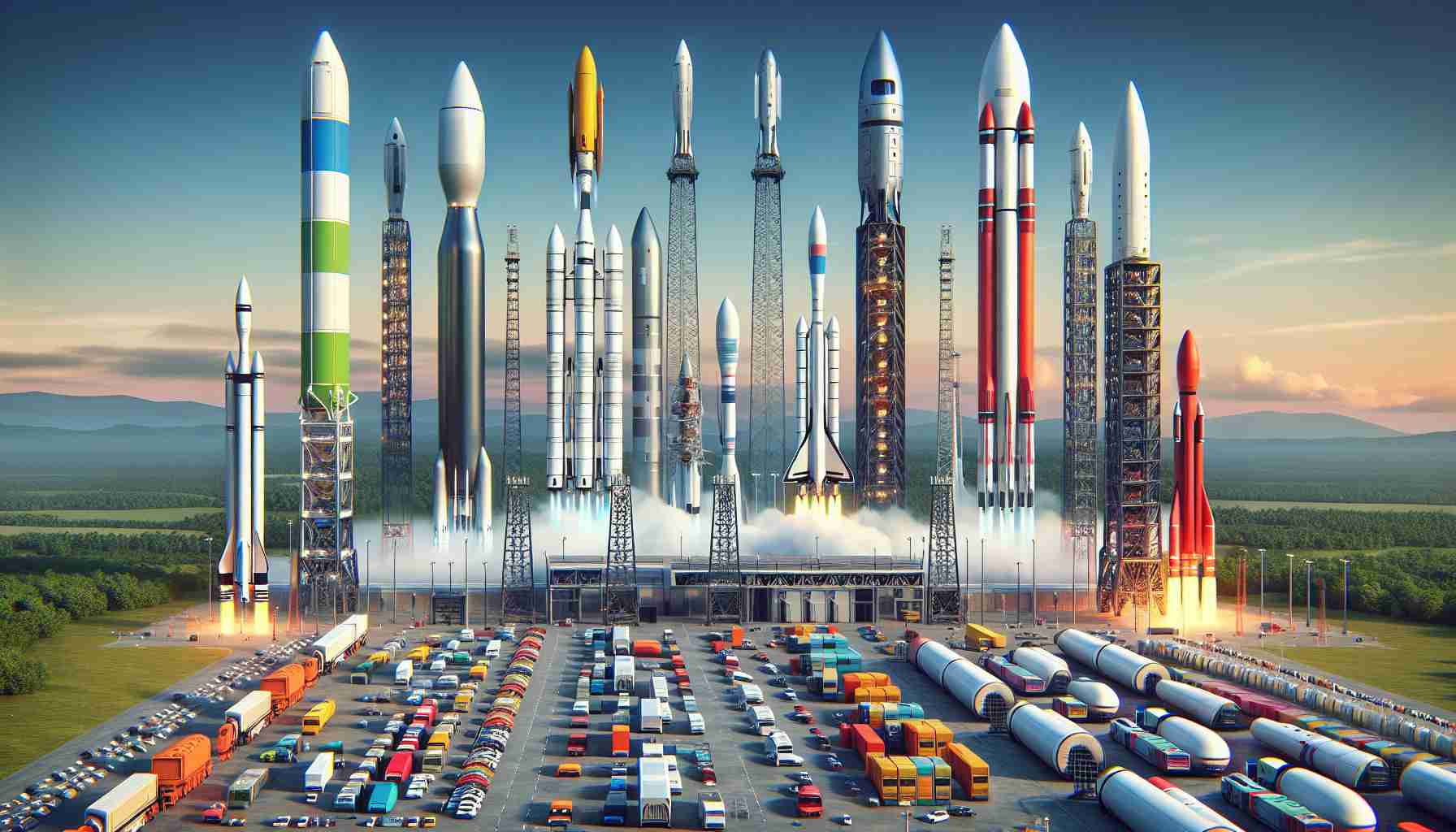 Create a realistic, high-definition image of a scene where new space launch providers are joining the competition. Show an array of different rockets, designed by these new providers, firmly planted on their respective launch pads. These rockets should vary in design, color and size, symbolizing the diversity of the new competitors. There should be a sense of anticipation in the air which is evident by the vibrant and bustling surroundings. The background should be that of a clear sky, signifying favorable conditions for the upcoming launch.