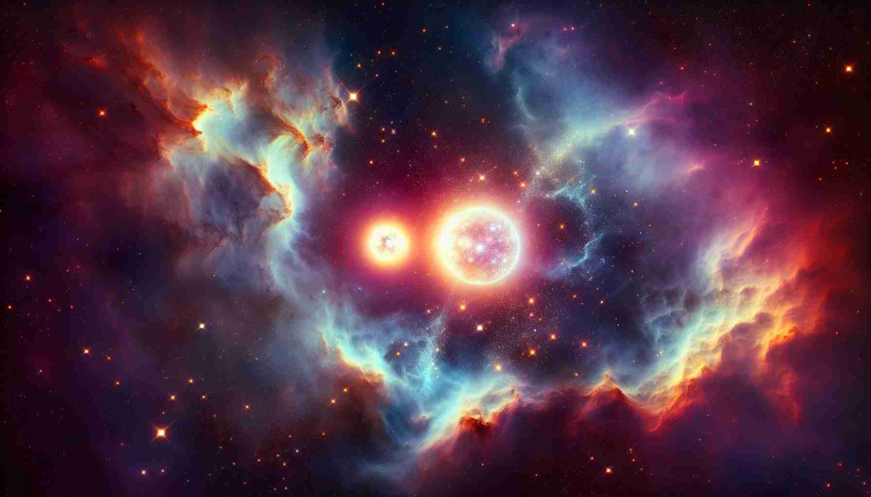 A high-definition, realistic image capturing the intrigue and beauty of the universe. This astronomical scene features a binary star system, dubbed 'XY', engaged in a cosmic dance of gravity. These two stars revolve around one another in a vividly colorful cosmic backdrop. Nearby, the ethereal Nebula ‘Z’ is showcased in all its celestial glory. This nebula is a radiant cloud of gas and dust, presenting a variety of hues and patterns. Together, these elements form an awe-inspiring look into the wonders of the cosmos.