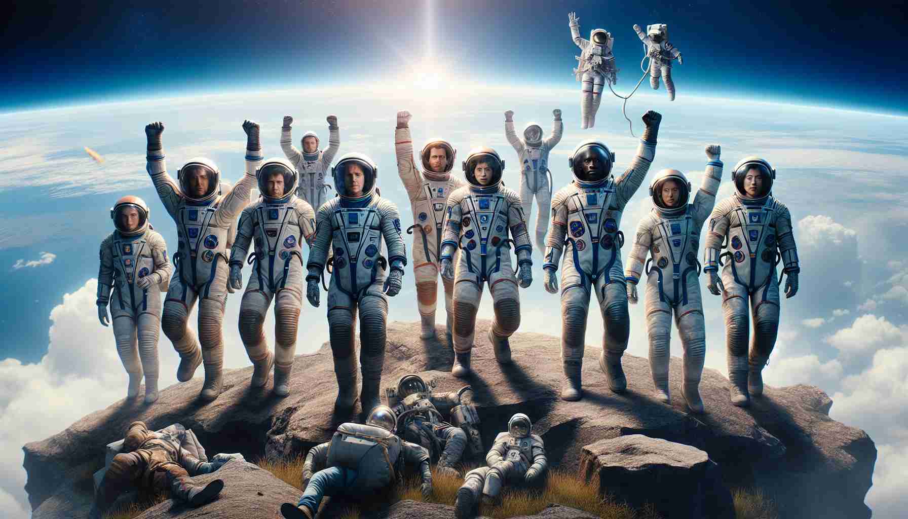 Image of a triumphant scene of astronauts, depicted with diverse backgrounds such as Caucasian, Black, and South Asian, both male and female, having just returned from a successful space mission. They were safe and sound, with relieved expressions on their faces. Set against a backdrop of a serene blue sky, the scene involves the delicate intricacies of their space suits, slightly worn out due to their cosmic adventure, yet a symbol of strength and courage. The vast expanse of nature surrounds them. High-definition image with attention to realistic details, capturing the moment of this grand reunion with Earth.