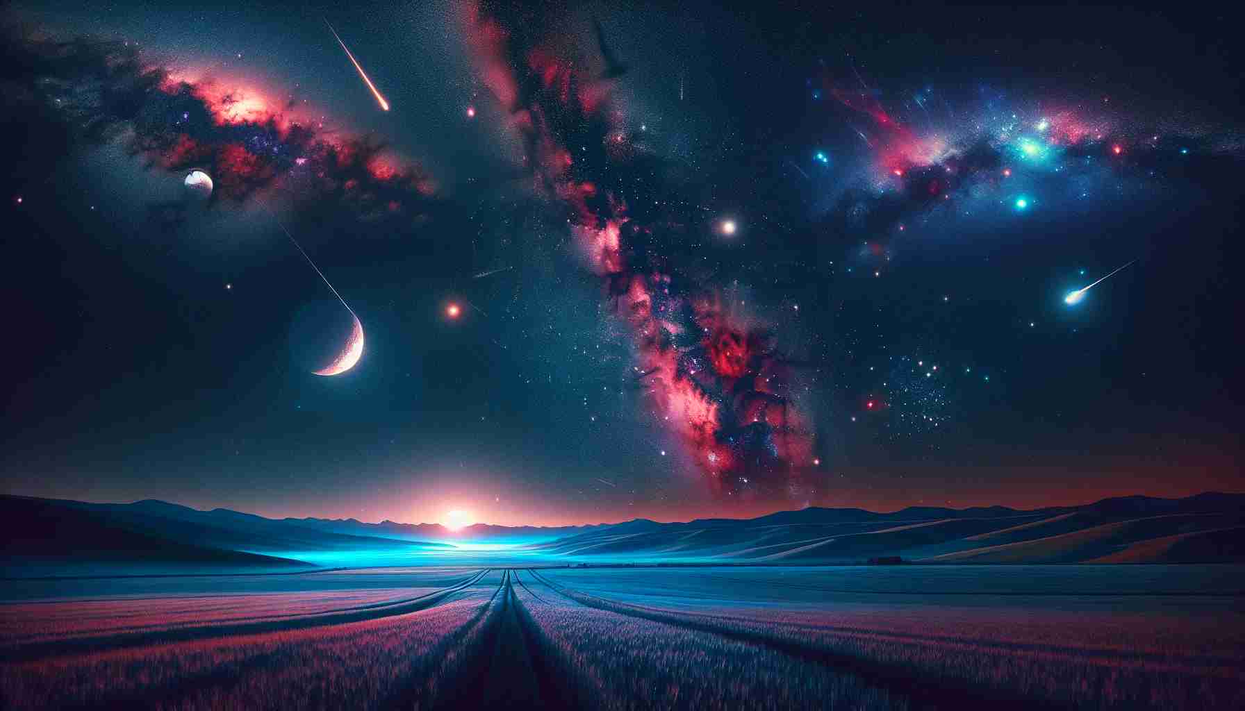 A hyper-realistic digital painting capturing a celestial event at night. Imagine a wide, open field stretching towards an infinite dark sky. The night sky breaks into a dance with different cosmos elements - galaxies, shooting stars, and far-off planets. Crimson and indigo hues play on the sky canvas, casting a surreal glow on the serene field below. Up above, the stars twinkle like diamond dust scattered across the deep blue expanse. A faint trace of the Milky Way adds majesty to the enchanting scene. This is a night gently illuminated by stellar light, alive and pulsating with cosmic energy.