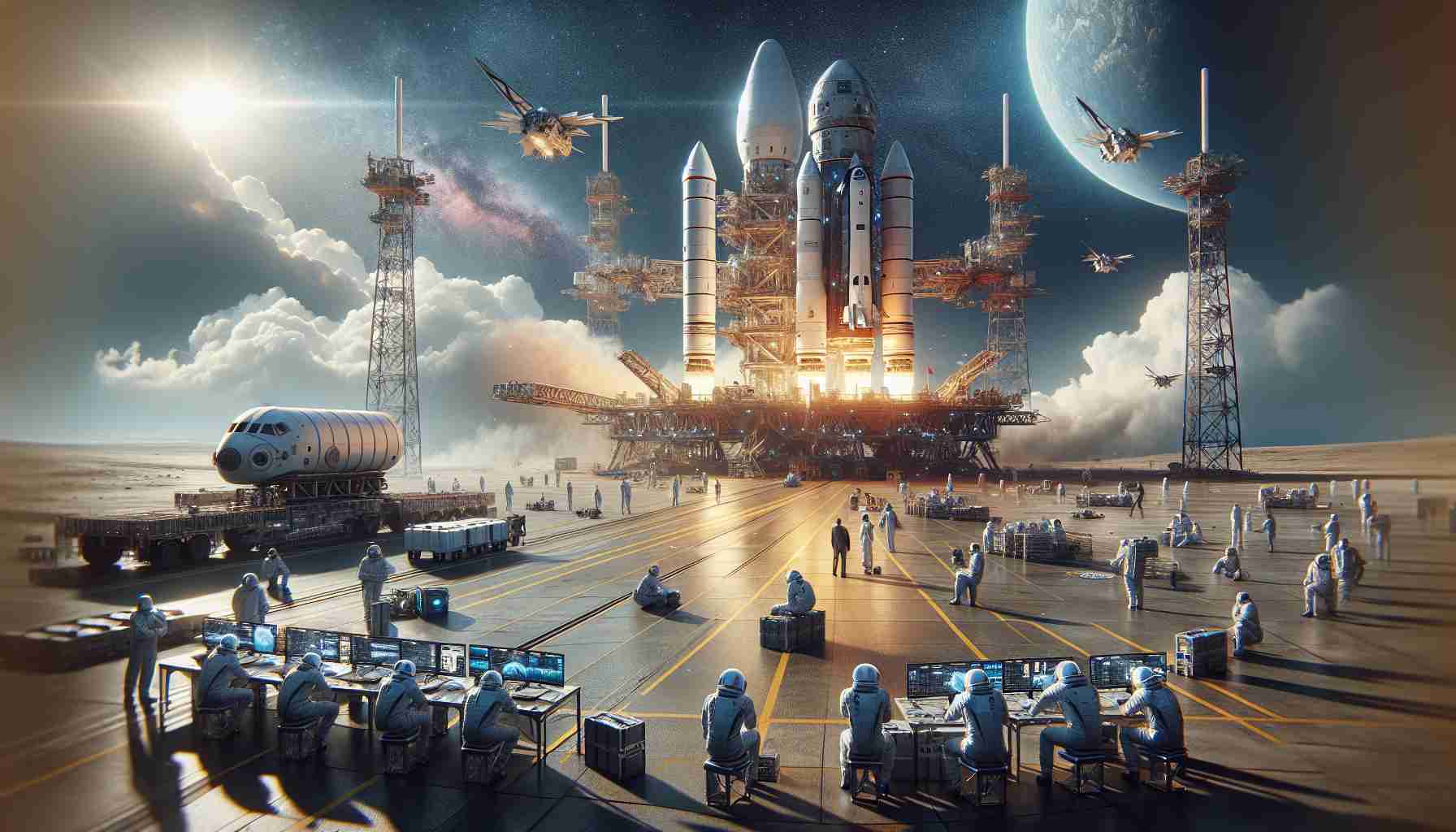 Realistic, high-definition visual representation of a groundbreaking space tourism mission being prepared by a generic private space exploration company. This includes the visualization of state-of-the-art spacecrafts on the launch pad, teams of scientists and engineers of various descents and genders working together in high-energy environment, and a sky filled with anticipation for the upcoming exploration.