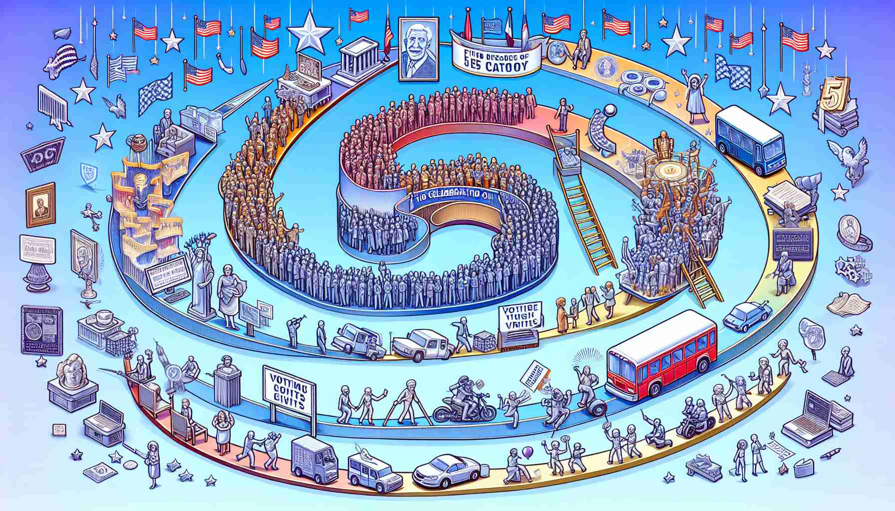 High definition image representing the celebration of five decades of trends, developments, and breakthroughs in the political sector. It could show a timeline with symbolic depictions of various political movements, voting rights, public policies, shifts in political ideologies, and other technological advancements seen in these last 50 years.