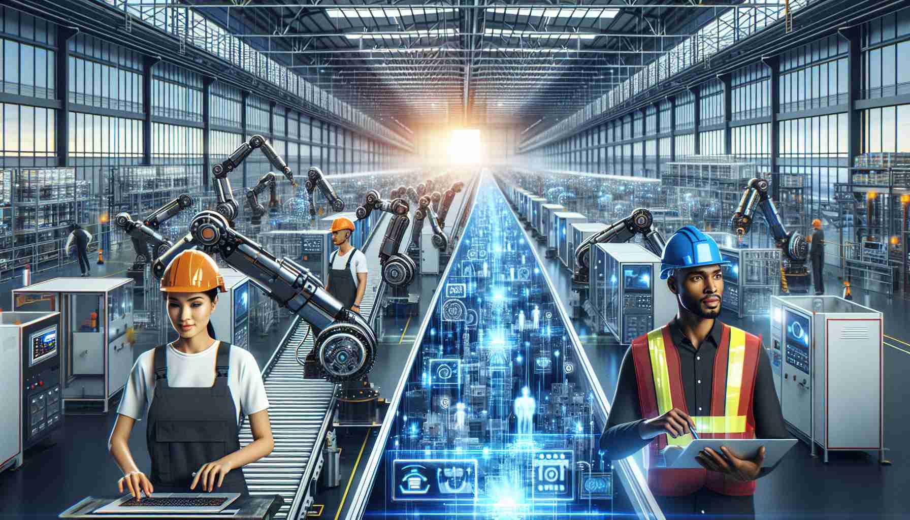 Generate a high-definition, realistic image showcasing the revolution of manufacturing with advanced technology. The scene could include engineers of different genders and descents operating state-of-the-art manufacturing robots. The background may consist of a large factory interior, filled with conveyor belts laden with products, while efficient automation machines function smoothly. Enhanced manpower could be seen as well, such as a South Asian woman and a Black man donning safety equipment and working on a digitally-controlled manufacturing system.