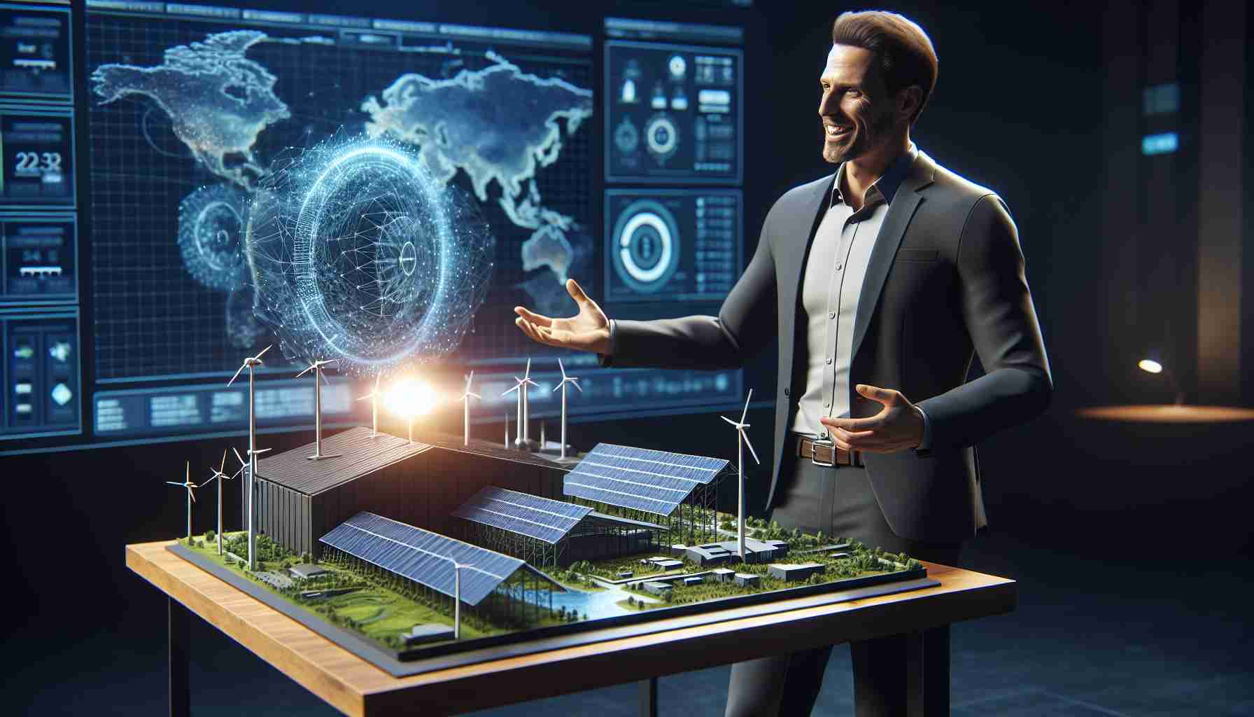 Realistic HD image of a visionary tech entrepreneur unveiling an innovative sustainable energy project. The entrepreneur is a middle-aged man with a lean build, dressed in casual business attire. He's standing on stage, with a model of the sustainable energy project in front of him - perhaps a solar farm or wind power installation. Excitement and anticipation is evident in his features as he explains the potential of his groundbreaking project to the gathered audience.