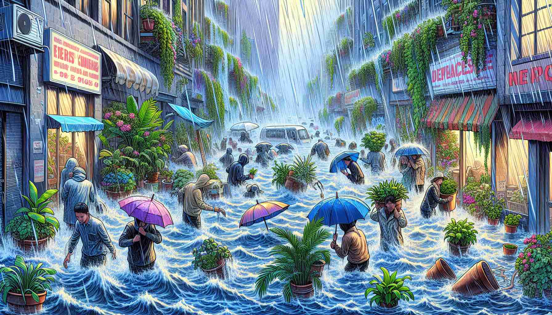 Illustrate a detailed scene of an unprecedented deluge causing chaos in a city filled with plants. Show intense rainfall and water overflowing from the streets and the sidewalks. Add to the turmoil by showing people of diverse descents trying to navigate their way through the flooded city, carrying umbrellas and wearing raincoats, with some trying to save their potted plants. Make sure the buildings are partially submerged, highlighting the gravity of the flooding. Let the color palette be dominated by watery blues and green hues from the plants.