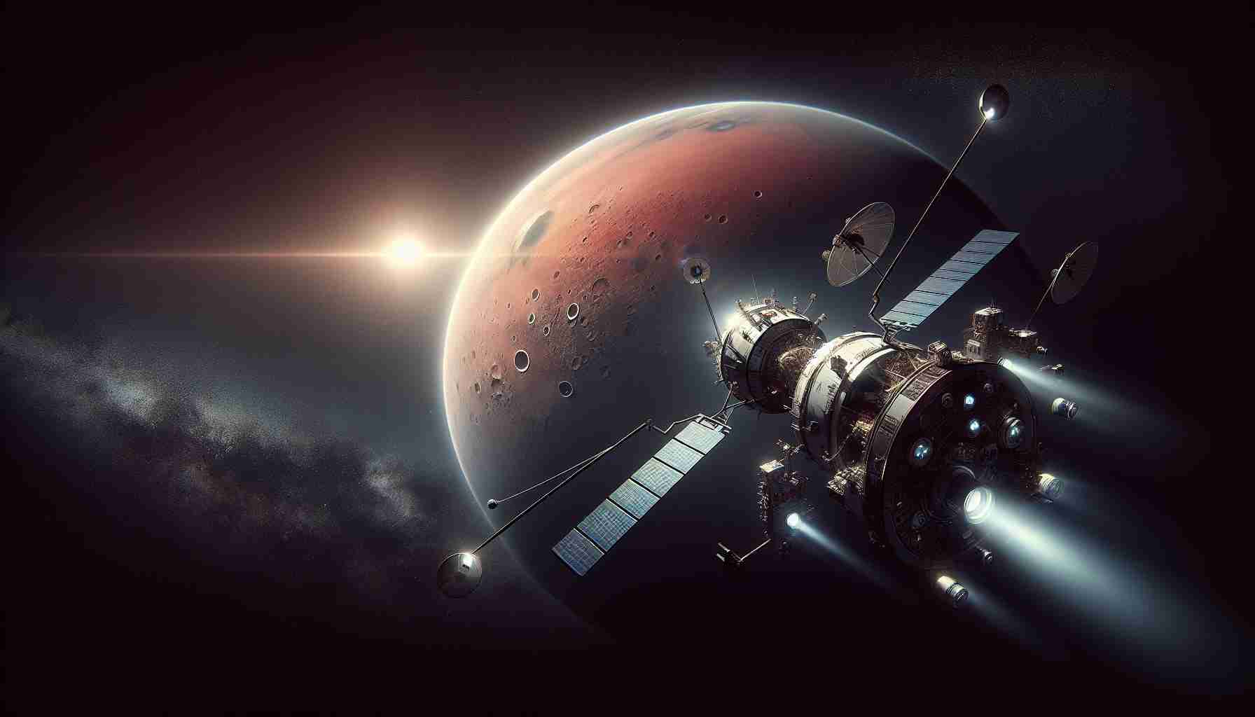 Generate a high definition image that realistically portrays a mission to Mars, representing a new chapter in space exploration. The scene should include a modern, human-built spacecraft designed for interplanetary travel, hurtling through the vast, dark expanse of space towards the red, barren landscape of Mars. The planet is illuminated by a distant Sun, casting soft, ethereal light that reflects faintly off the spacecraft. Around the main scene, display various scientific instruments and indicators of space travel technology in the corners to add deeper context.