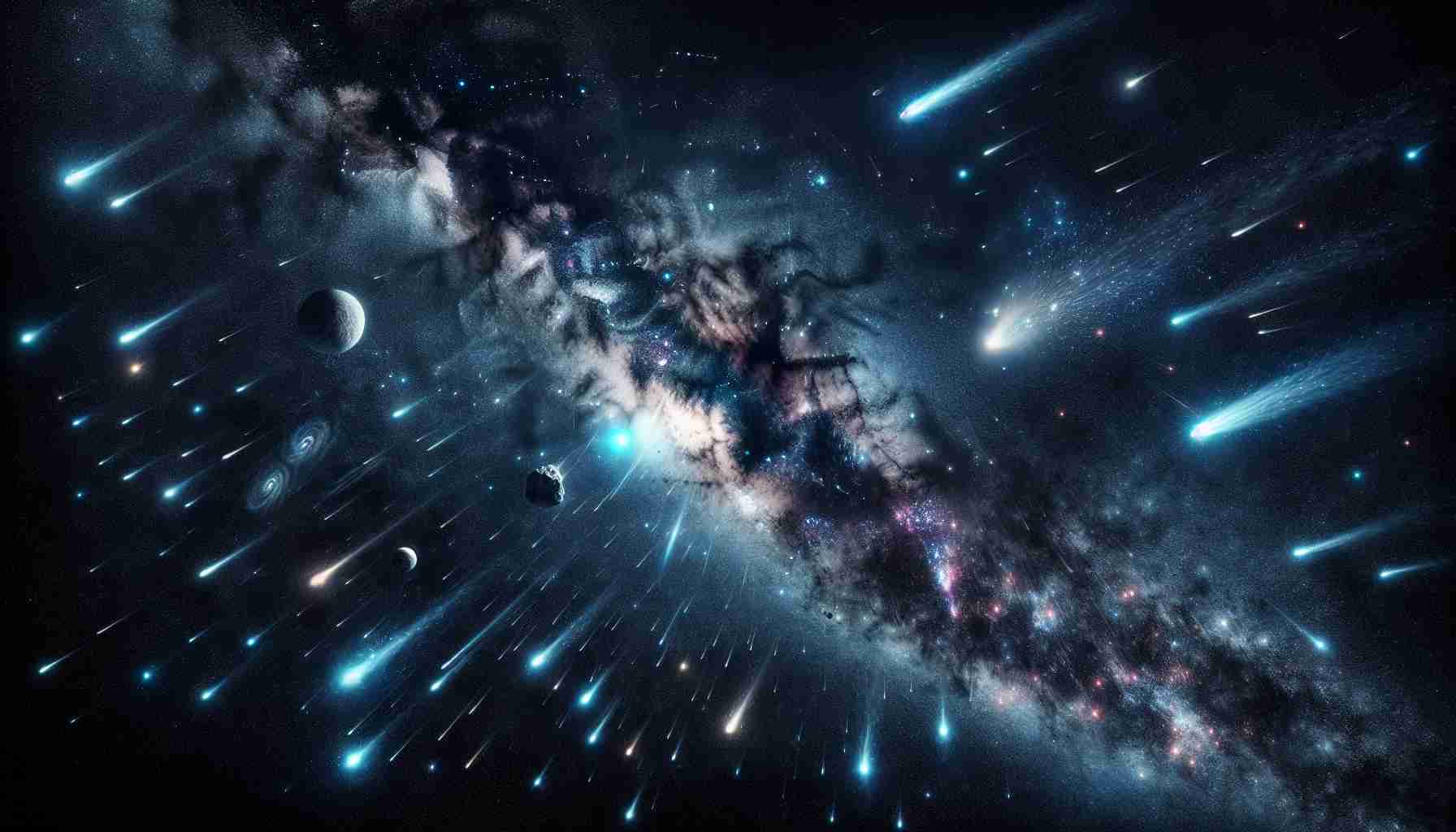 Detailed and high-definition image capturing a celestial event. In the dark, sapphire sky studded with countless radiant stars, there's the mesmerizing Milky Way, its spiral arms lined with glowing nebulas and clusters of stars. The centerpiece of the scene is a brilliant comet with a glowing head and a long, twinkling tail following its trajectory. Along with it, various celestial bodies like asteroids and meteors streak across the sky, creating a truly spectacular and breath-taking view. It's as if the entire universe has come forth for an awe-inspiring celestial show.