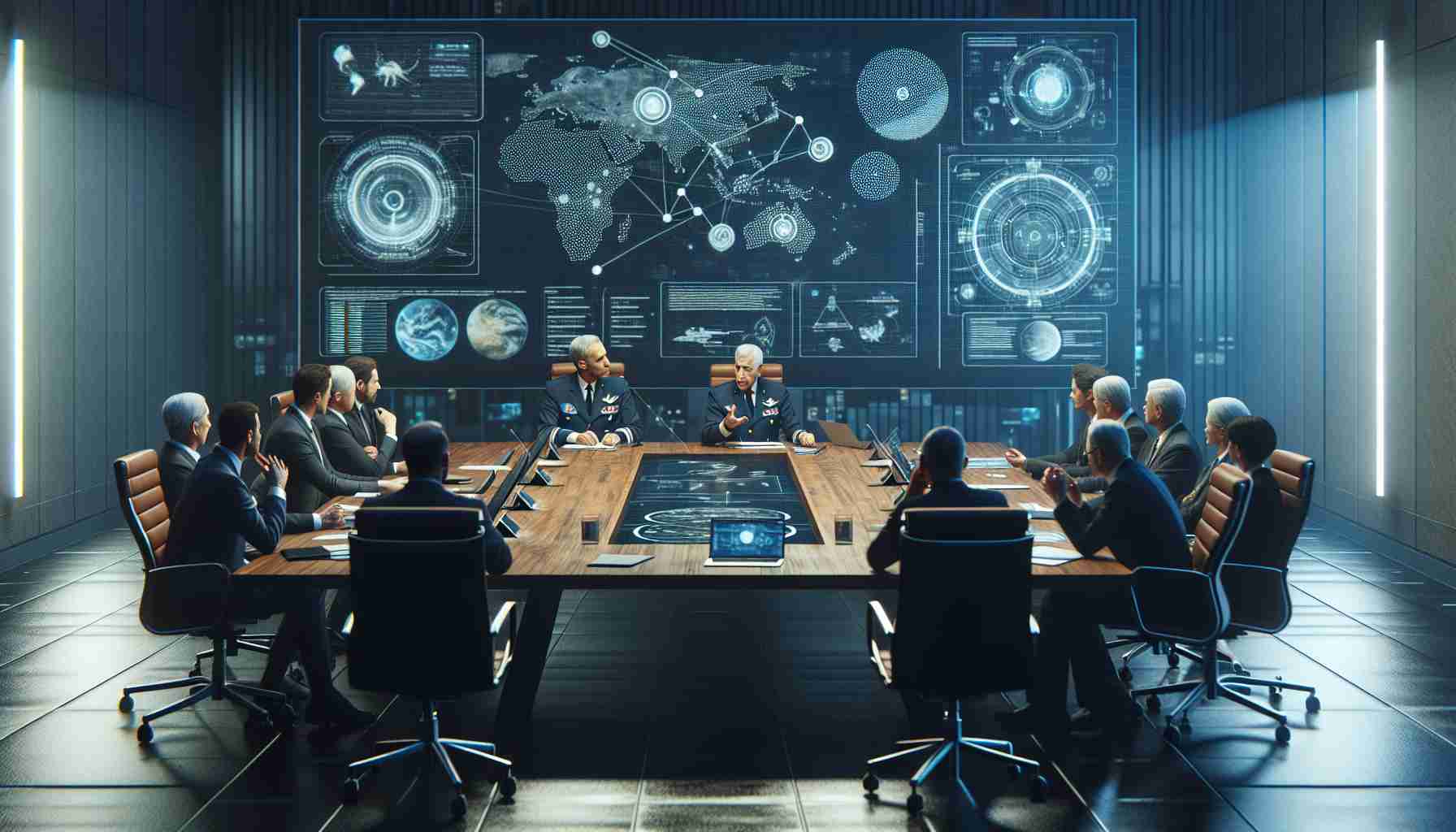 Realistic high-definition image of a fictional meeting about space exploration. An authoritative figure from a large, generic space organization, and some other officials, perhaps lawmakers, are having a serious discussion. They are calling for an investigation into communication protocols related to space missions. A setting could be an organized conference room filled with various charts and diagrams related to space and technology, showing dedication and hard work.