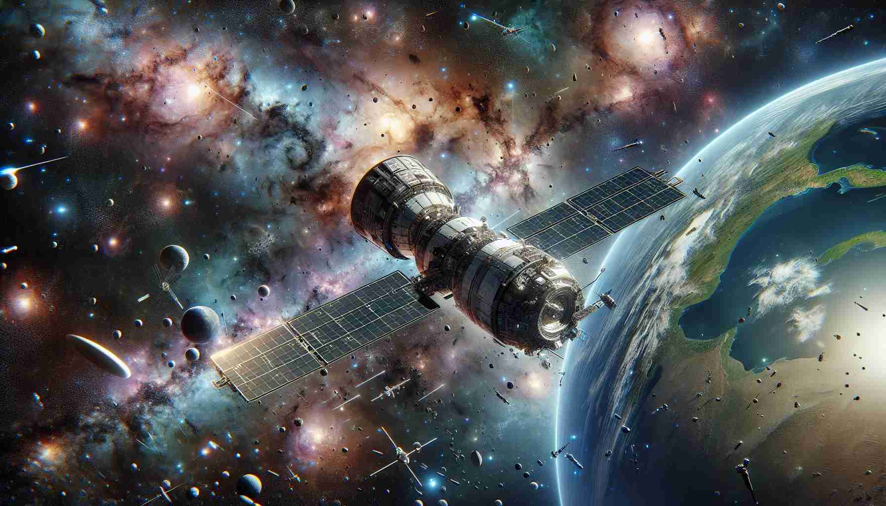 A high-definition, realistic-style illustration of space exploration titled 'Exploring New Frontiers'. The depiction includes a spacecraft, presumably named Hera, embarking on a mission through the cosmos to shield Earth from potential threats. The image contains distant galaxies, nebulas, stars, and cosmic debris, conveying a sense of adventure and danger. The Earth is visible in the background, highlighting the purpose of Hera's mission.