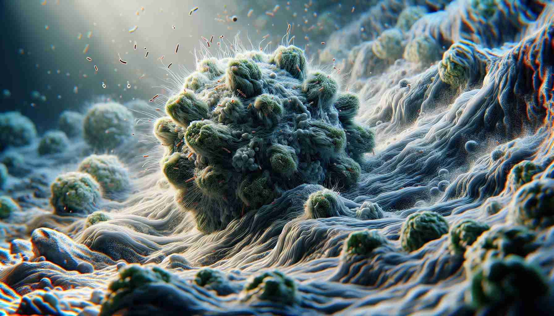 A high definition, realistic depiction of resilient microorganisms thriving amidst turbulent conditions. These microscopic life forms display exceptional endurance and adaptability, transmuting the chaotic surroundings into a flourishing habitat. Their structures emit an aura of strength and survival, as they navigate the hostile environment, magnifying the intriguing spectrum of life at a microscopic level. The surrounding hostility is evident in the background, with swirling currents and endemic agitation suggestive of severe environmental stress. Despite this turmoil, the microorganisms appear strong and robust, demonstrating not just survival but flourishing growth amid adversity.