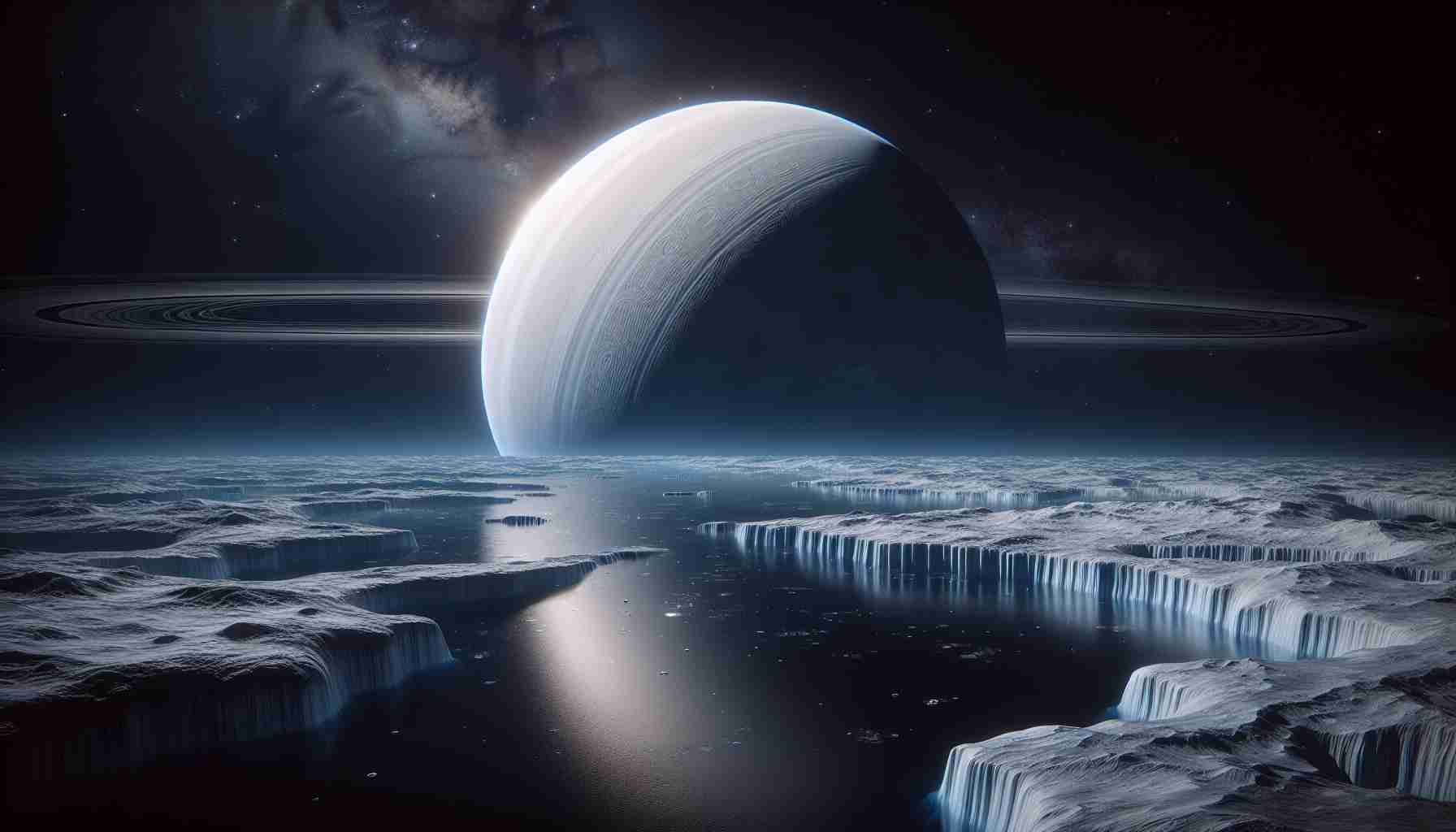 A hyper-realistic, high-definition visual rendition of Saturn's moon Enceladus, captured in the essence of mystery and the expanse of alien oceans. The scene portrays the expansive ocean beneath its icy surface, mirroring the thrill of on-going space exploration and the enigmas of extraterrestrial water bodies. The celestial view is portrayed with Saturn and its rings looming in the background, against the inky darkness of the cosmos, illuminating the distant horizon lined with stars.