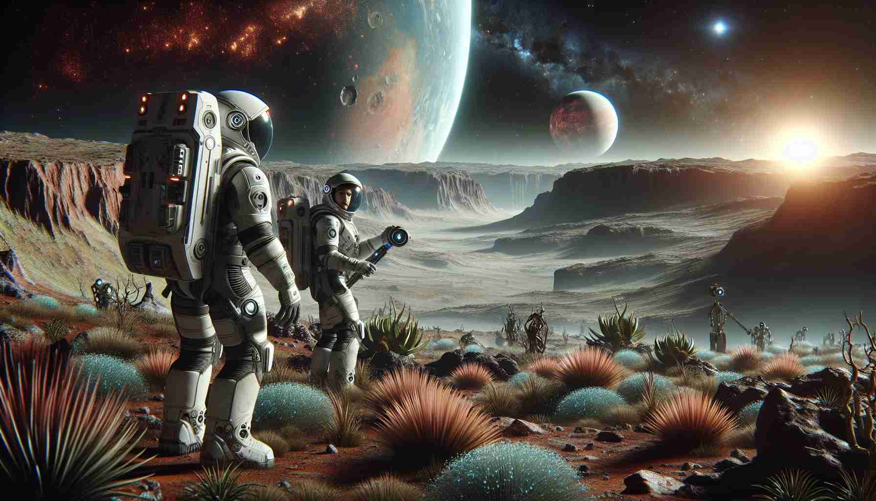 Generate a high-definition, realistic image of astronauts exploring extraterrestrial habitats located beyond Mars. The scene should display the diverse landscape of an alien planet with unique vegetation and geological formations. The astronauts, a Caucasian male and a Hispanic female, should be equipped with futuristic space suits and tools for evaluating the viability of the environment. There should also be a distant view of other planets and star systems, contributing to the overall dramatic space atmosphere.