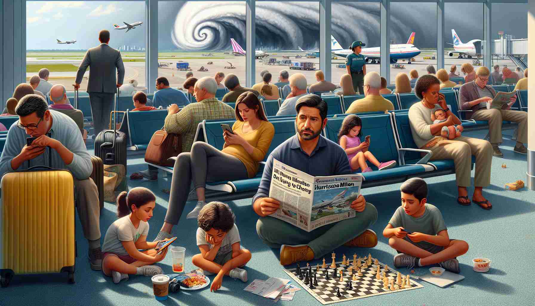 A realistic HD image depicting a chaotic but serene scenario at a Michigan airport. There are diverse group of travelers; a middle-aged South Asian man reading a news article about Hurricane Milton causing flight disruptions, a Hispanic family with young kids playing board games to kill time and a Middle-Eastern woman glued to her laptop screen probably working remotely. In the backdrop, airport staff can be seen trying to manage the situation.