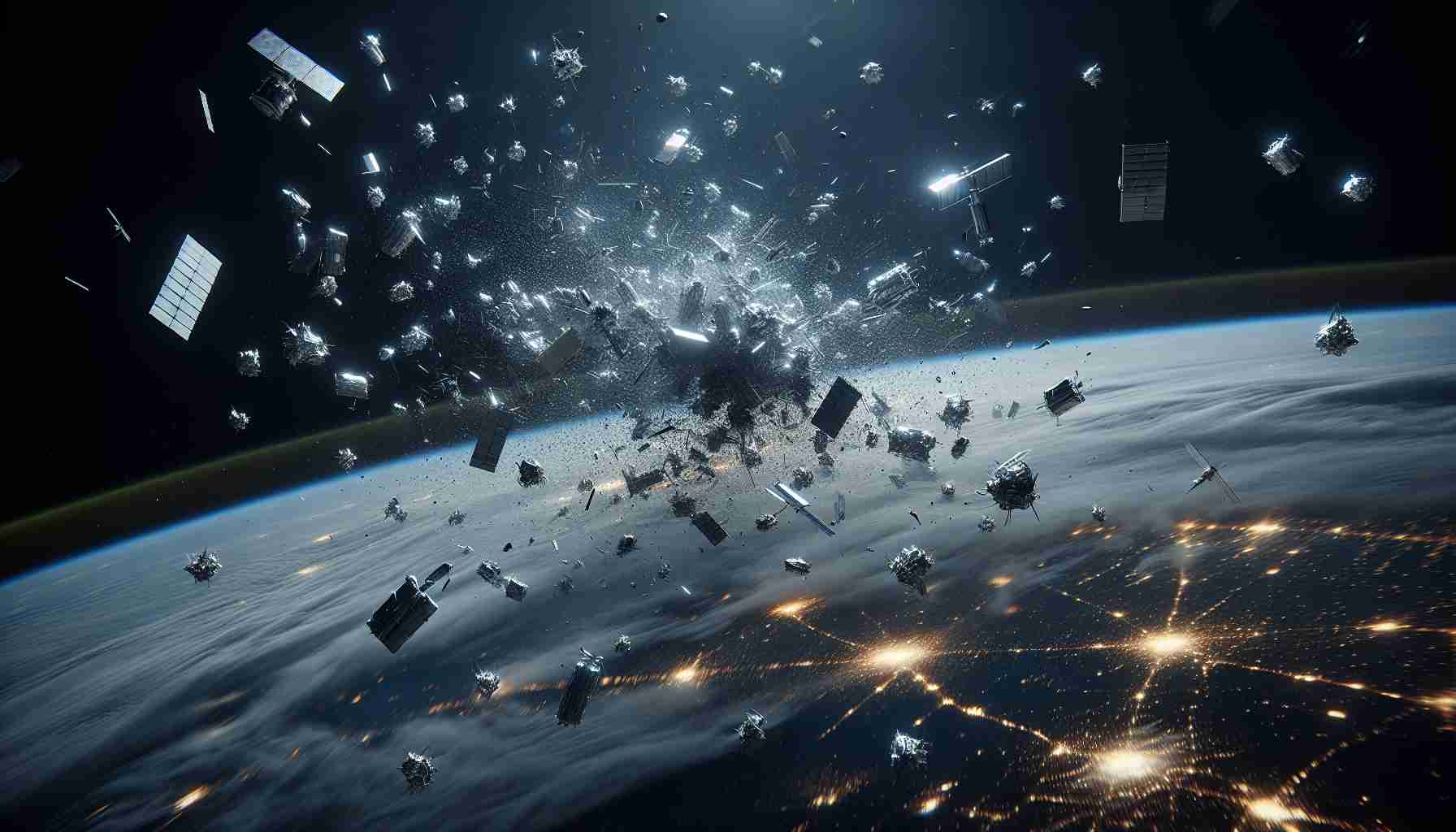 High-definition, realistic image of space debris, manifested as numerous metallic fragments drifting haphazardly in the vast cosmic expanse. They are approaching a network of glowing communication satellites orbiting earth. The scene feels eerily quiet yet threatening, epitomizing the potential risk to global communication systems. The earth, cloud-swirled and glowing with city lights, provides a poignant backdrop to this silent danger.