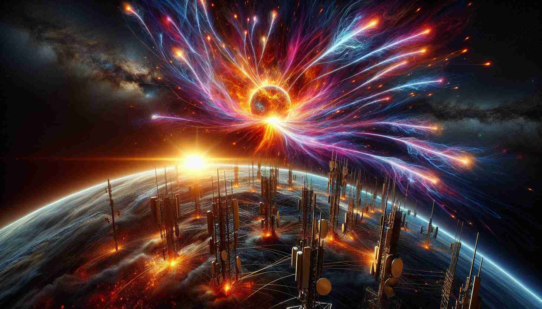 A highly detailed and realistic image representing the impact of solar storms on communication grids. The scene should depict glowing, violent solar flares ejecting from the sun in the background. These flares extend into space, creating a storm of colorful, charged particles. In contrast, on the Earth, we see a network of shiny metal communication grids shimmering with energy. Indicate the effect of the storm on these grids by creating visual disturbances in the form of erratic energy waves or sparks flying from the grids. Include a rich, dark space background filled with stars for contrast.