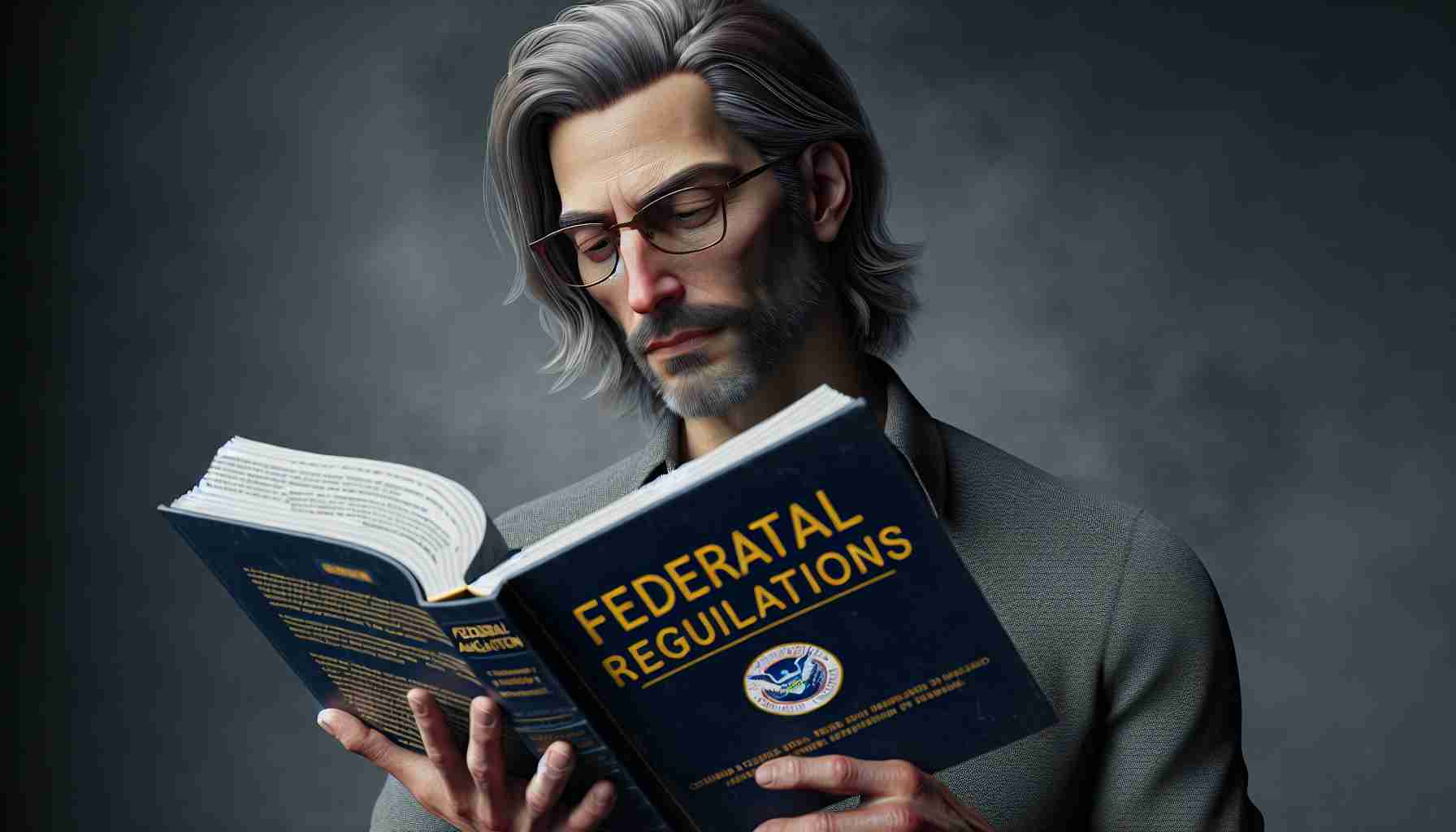 Realistic HD photo of a middle-aged Caucasian man with semi-long silver hair, slightly receding hairline, wearing glasses, studying a thick book titled 'Federal Aviation Regulations'. The man exhibits a contemplative facial expression as if understanding the depth of the material he's reading.