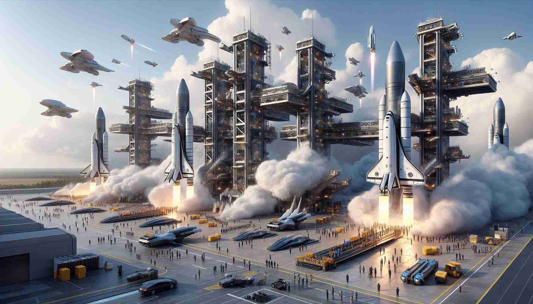 High definition realistic image of a future concept: a busy launch facility with numerous starships ready for liftoff, evoking the accelerated schedule for space flights by a private space exploration company. The starships have a sleek, futuristic design symbolizing cutting-edge technology. Several launch pads are busy with activity, with ground crew personnel of diverse genders and descents ensuring final preparations are underway. Plumes of steam and venting gases billow around the rockets, against a backdrop of a clear blue sky. The complex itself is a hive of activity, with a sense of dynamism, anticipation, and excitement palpable in the atmosphere.