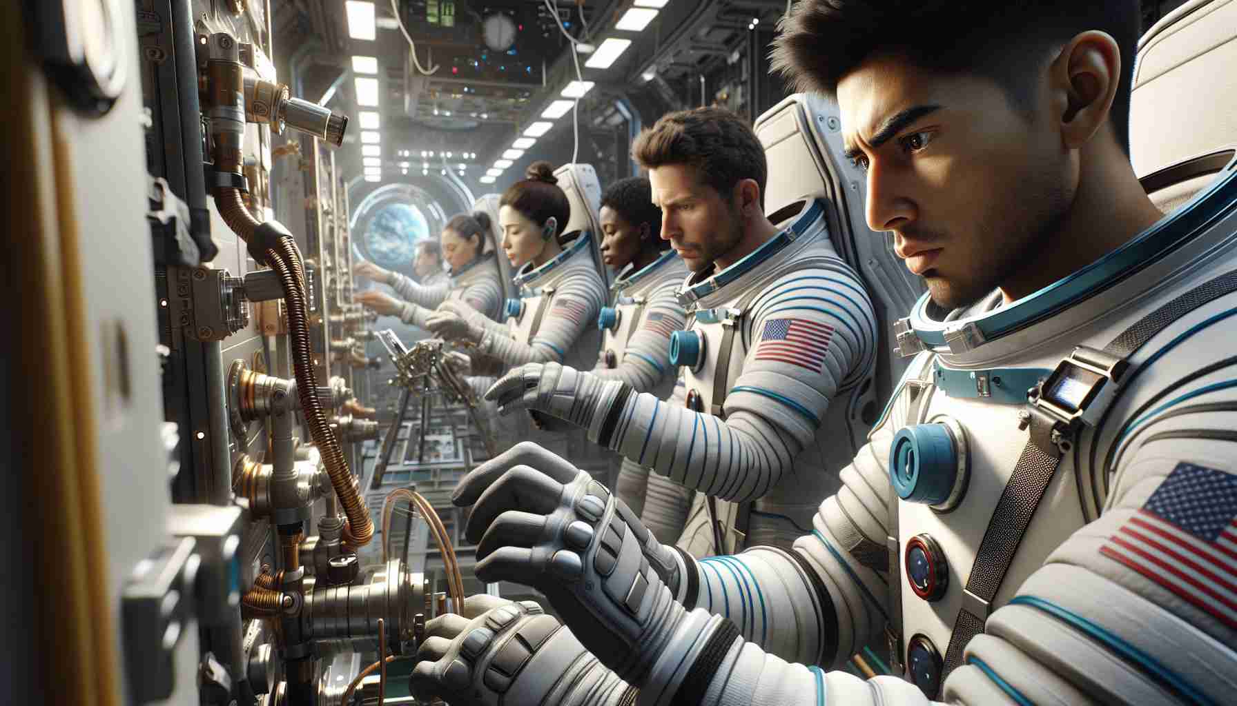 Realistic, high-definition image of pioneering astronaut safety measures being demonstrated for upcoming space missions. The scene features a diverse range of astronauts, including a Hispanic female astronaut and a South Asian male astronaut, among others, skillfully and meticulously conducting safety procedures. The high-tech space equipment used for training forms an integral part of this picture, highlighting the advanced mechanisms and careful measures that illustrate how astronauts’ safety is prioritized during space excursions.