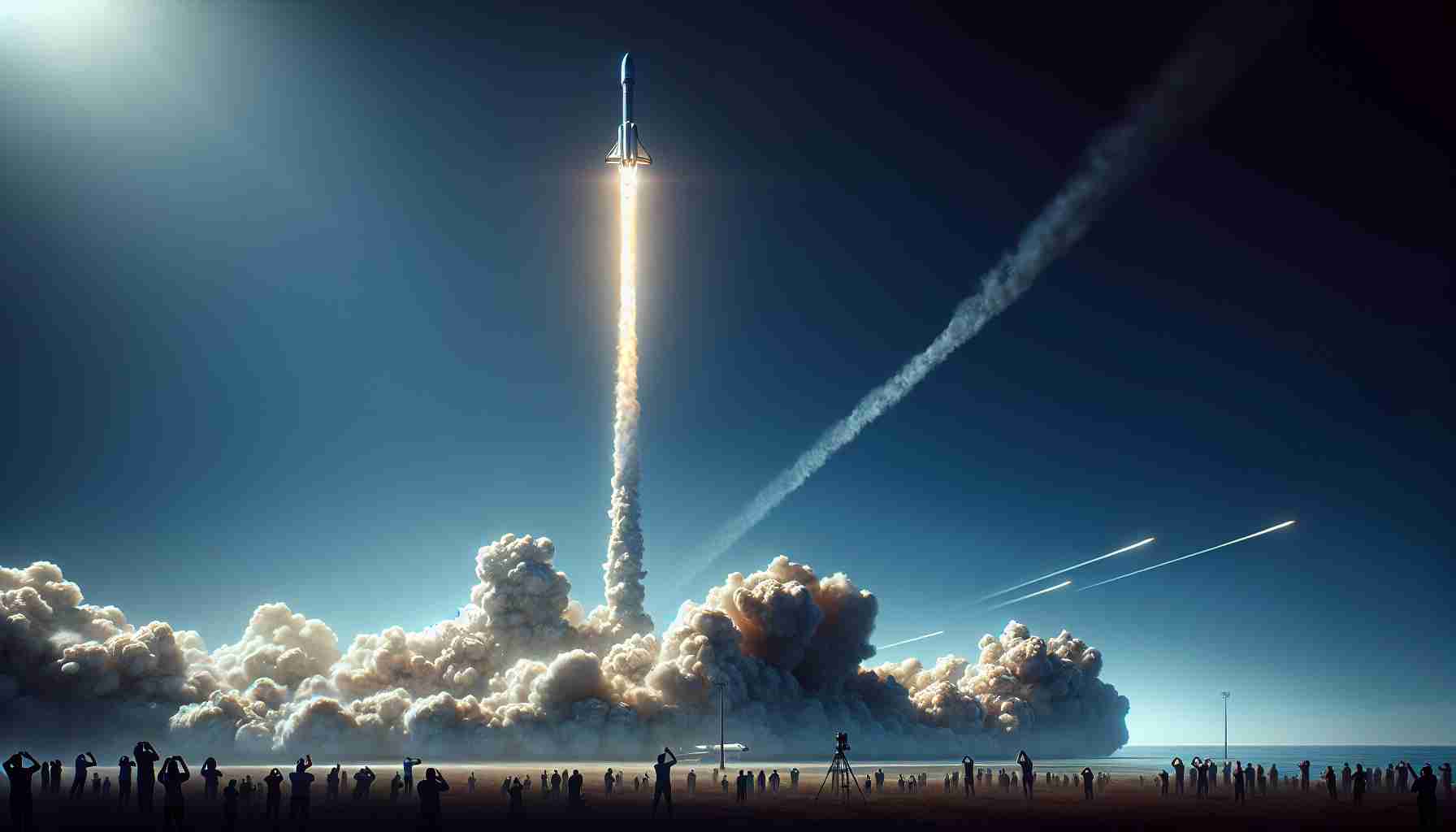 Create a high-definition, photorealistic image depicting the launch of a new commercial spacecraft. The spacecraft is breaking through the blue skies and beginning its journey toward the vast expanse of the cosmos. Smoke and vapor trails linger behind the ascending vehicle, evidencing its recent departure from the launch pad. Spectators at a safe distance marvel at the sight, snapping photos to remember the monumental event. The streak of the spacecraft against the sky represents the meeting of technology, ambition, and human curiosity, and a new era in space exploration.