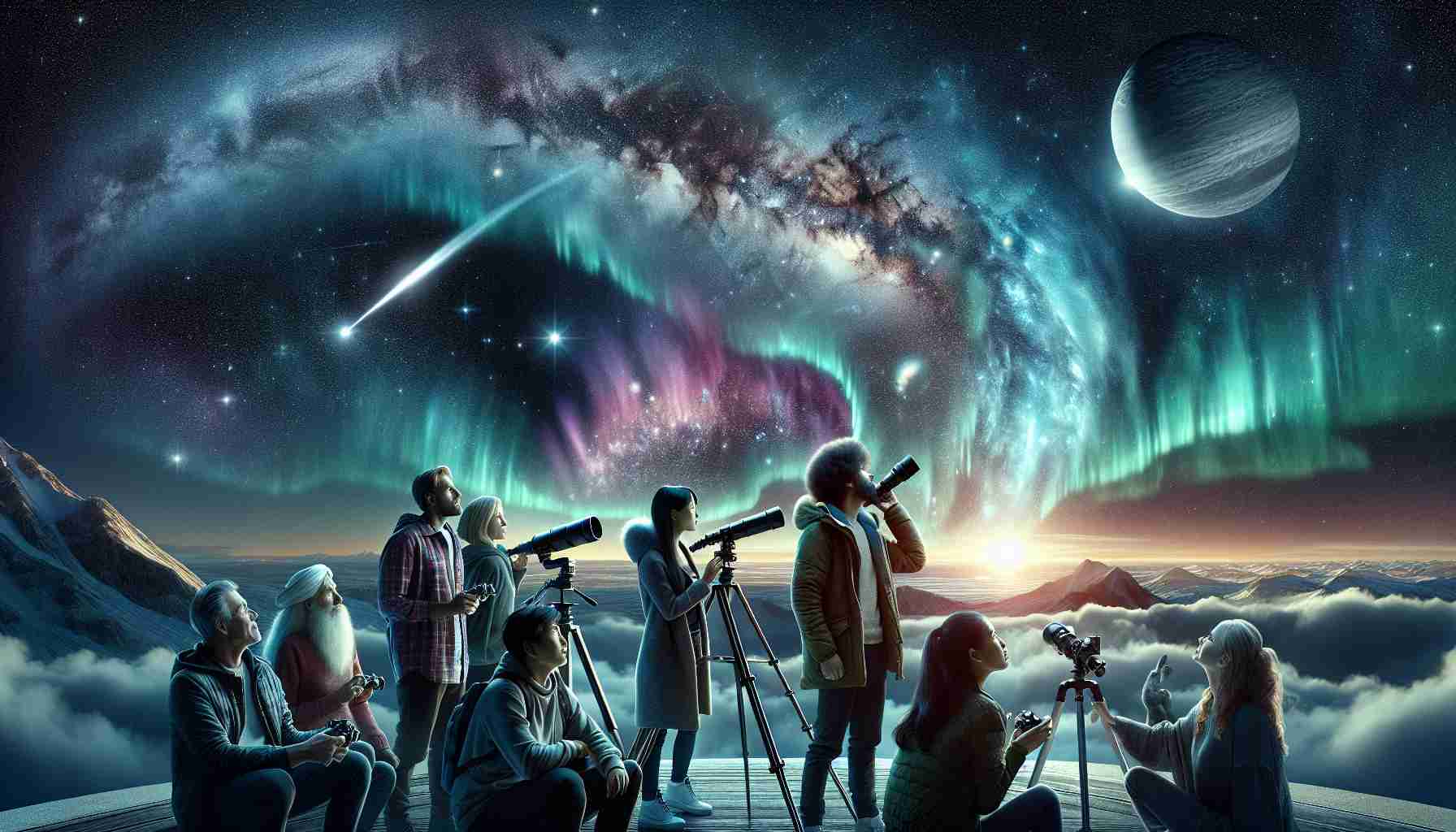 An HD, photorealistic view of the night sky, brimming with celestial wonders and phenomena. A diverse group of star-gazers, including a Caucasian woman, a South Asian man, a Hispanic woman, and a Middle-Eastern man, is marveling at the stunning sight. They are equipped with telescopes and cameras, eagerly documenting the ethereal spectacle of the velvety star-lit sky. Above them, the dazzling auroras, glittering stars, and the striking image of a shooting star add to the magnificence of their astronomical endeavor.