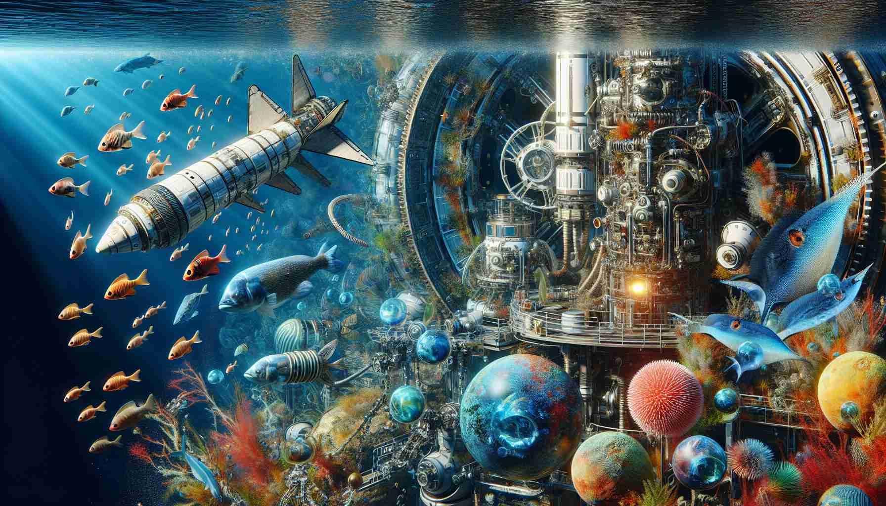 A highly detailed, realistic image of an unconventional experiment involving marine life conducted by a private space exploration company. The scene could include intricate machinery like spacecraft parts juxtaposed with a colorful array of marine creatures, suggesting a blend of high-tech aerospace engineering with the mystery and beauty of the underwater world.