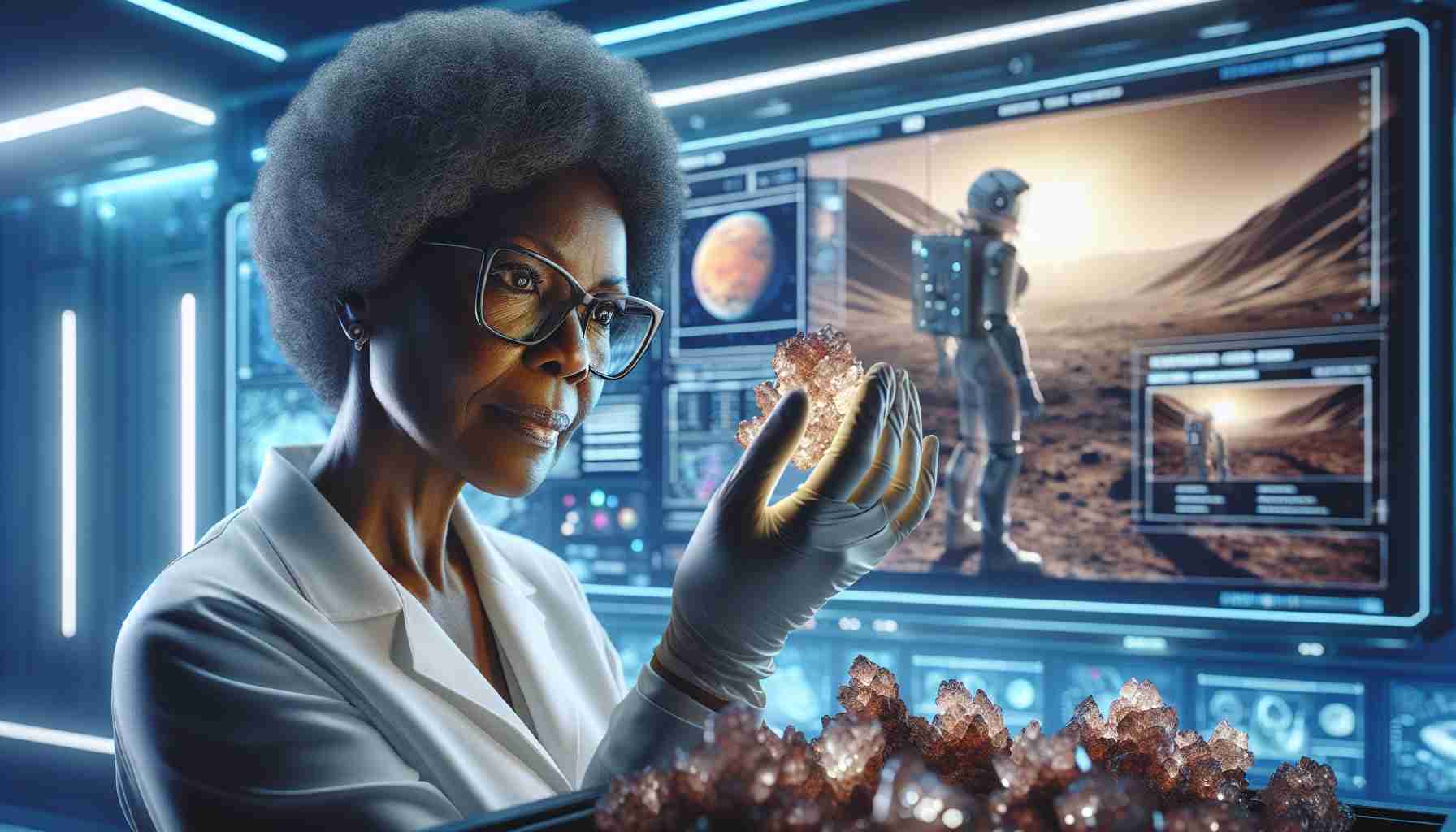 A realistic, high-definition image of a scientist; specifically, a middle-aged Black woman with glasses, examining with keen interest a cluster of rare, sparkling minerals. She is in a hi-tech, well-equipped laboratory setting. Behind her is an impressive digital screen displaying images and data about Mars. The lab lighting creates an atmospheric contrast and highlights the other-worldly glow of the minerals she holds.