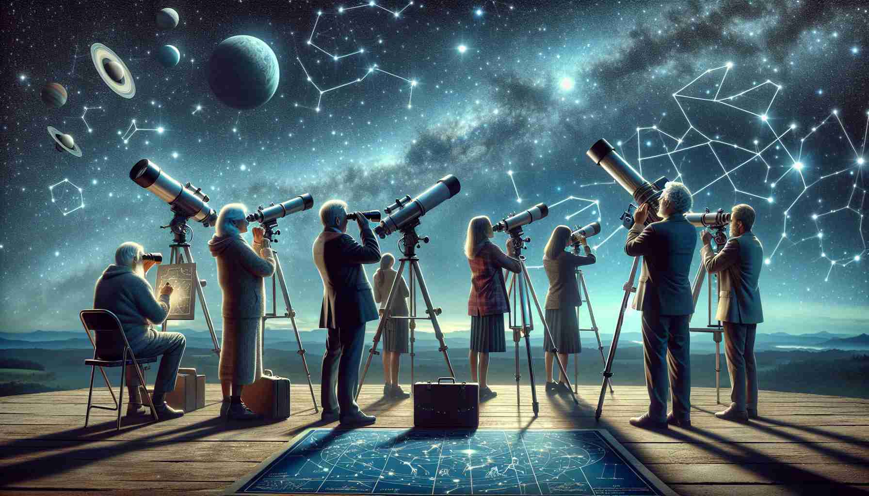 A high-definition realistic image of amateur stargazers this week, engrossed in a spectacular astronomical show. The sky is studded with radiant stars while the enthusiasts, a mixed group of Caucasian, Black, and Hispanic women and men observe through their telescopes. On the sidelines, there's a chart depicting various constellations which they are using for reference.