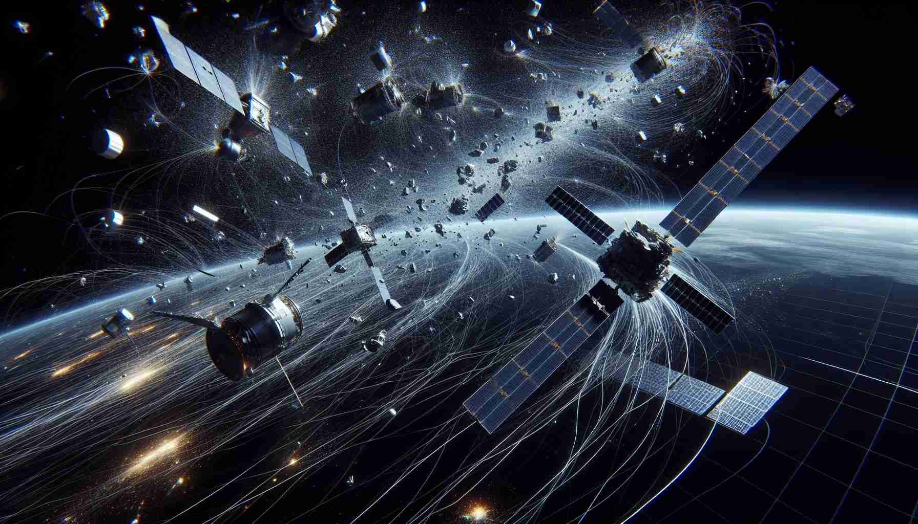 High-definition and realistic image showcasing how space debris can affect satellite communication networks. The picture should capture the complexity of the issue. It perhaps could display a network of intricate satellites floating in the dark space, with formations of space debris speeding towards the satellites. The debris should be shown as a threat, maybe with imminent collisions suggested. The image might also try to capture interference or distortion in signals, possibly represented by disrupted or wavy communication lines emanating from the satellites towards Earth. Overall, the scene should depict the urgency and intensity of this growing issue.