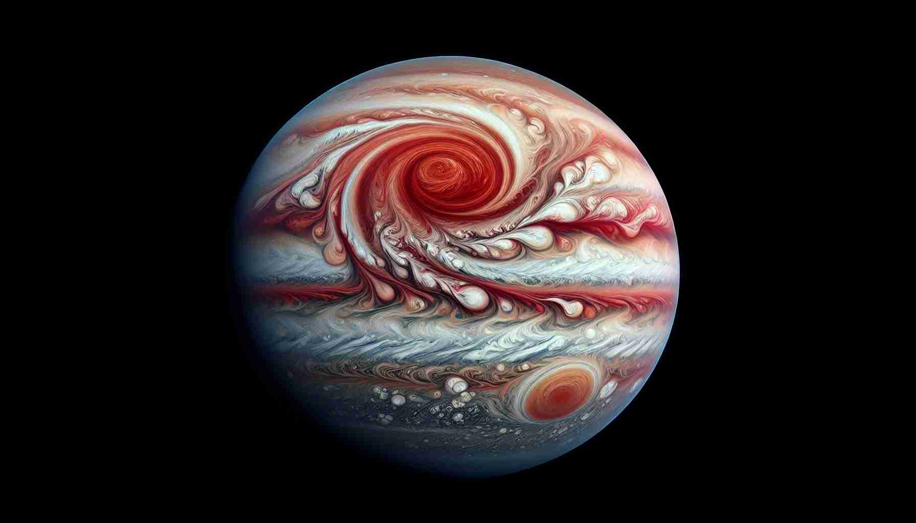 Generate a realistic, high-definition illustration of the dynamic behaviors of Jupiter's Great Red Spot, a massive, high-pressure, perpetual storm on the planet's surface. The illustration should accurately capture the swirling red and white storm clouds and the turbulent atmospheric conditions surrounding the storm.