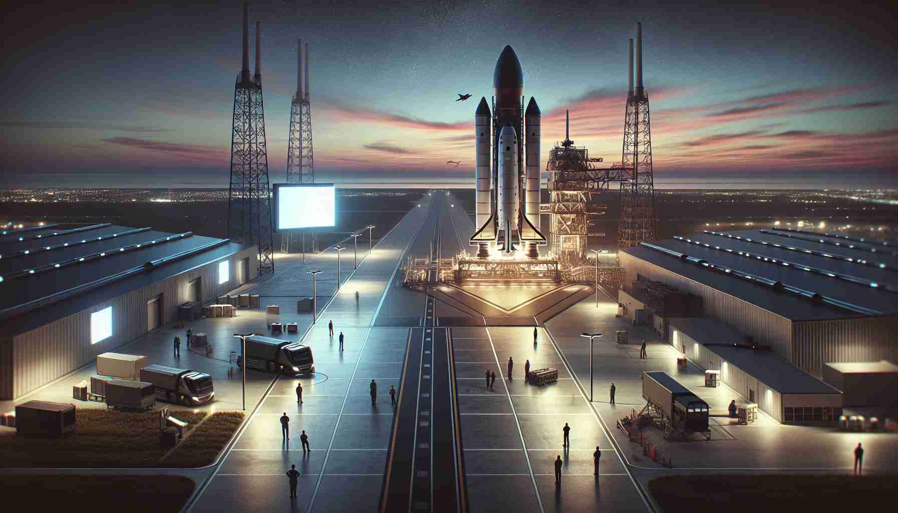 Generate a realistic high-definition image of a significant event in transportation advancement: an aerial shot of a modern, cutting-edge space launch facility bustling with activity. Feature a sleek, futuristic spacecraft on the launchpad, ready for lift-off. It's outlined against a serene dusk sky, filled with hues of pink and orange. Around it, a team of diverse professionals, including a South Asian female engineer and a Black male technician, can be seen busy in their respective preparatory tasks. Display a digital billboard nearby, announcing the recent achievements of this anonymous space exploration initiative.