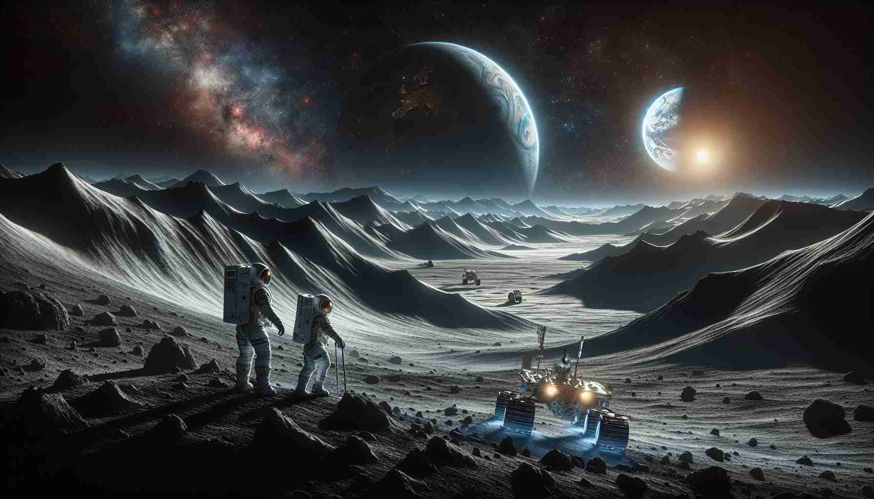 Create a highly detailed and realistic image that portrays the scene of exploration in a lunar wonderland. The lunar landscape is illuminated by the distant sun, its craters and mountains casting long, stark shadows. A team of astronauts, consisting of a Black female astronaut and a Hispanic male astronaut, are navigating this otherworldly terrain, equipped with high-tech gear. A futuristic rover vehicle can be seen nearby. In the backdrop, Earth hangs in the pitch-black sky, silhouetted against the stunning tapestry of stars and galaxies. The complete scene should evoke a sense of wonder, adventure, and isolation inherent in space exploration.