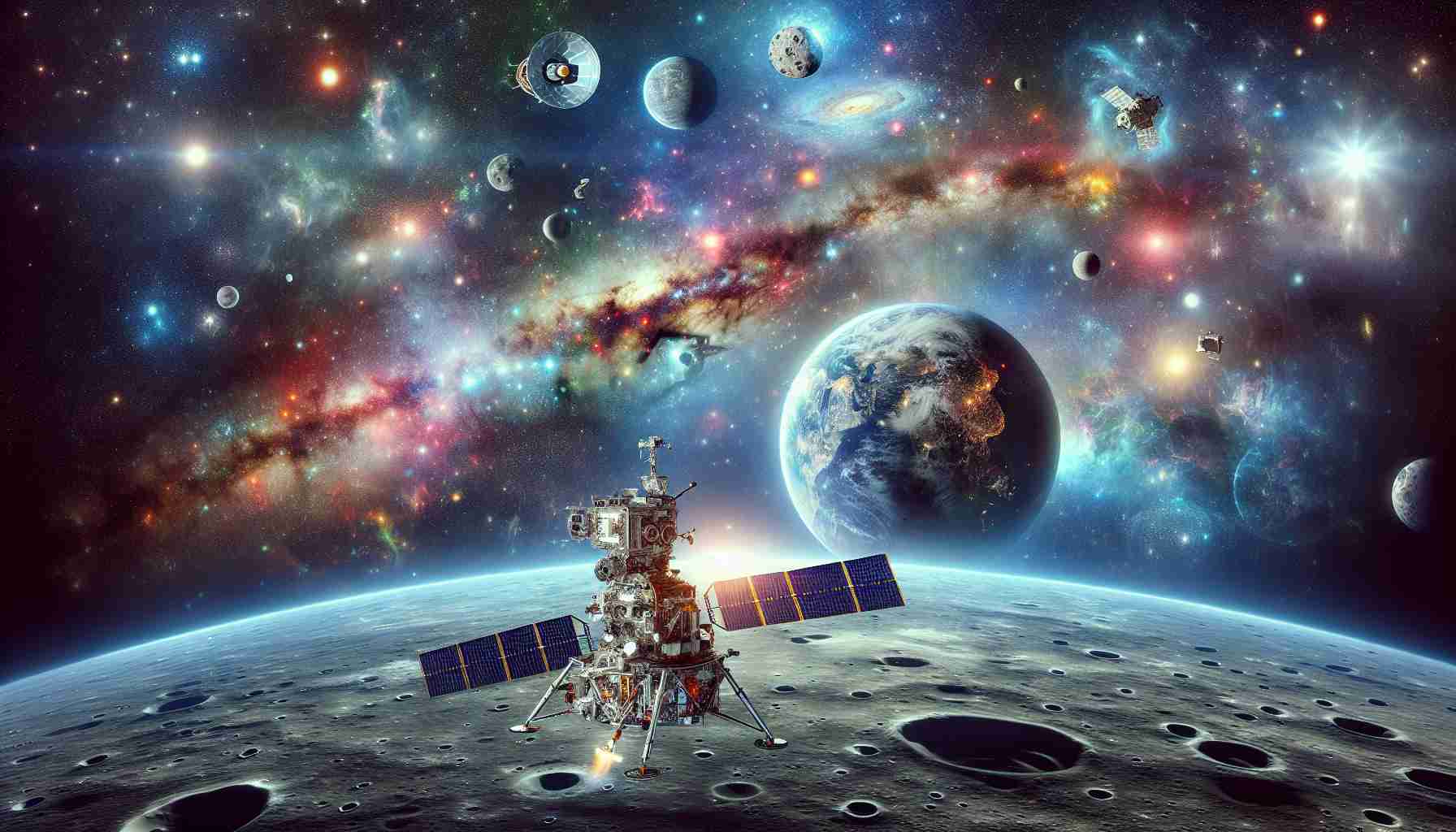 Create an ultra-high-definition image showcasing the thrilling achievements in space exploration. Include a breathtaking view of outer space with an array of bright stars, colorful nebulae and numerous galaxies. In the foreground, depict a modern spacecraft suspended in the weightless void, perhaps sending data back to Earth. Earth itself, the moon, and planets can be seen in the distance, capturing the vast frontiers that have been discovered and yet to be explored. Perhaps overlay this with images symbolizing famous milestones - like footsteps on the moon, Mars rovers, and space telescopes.