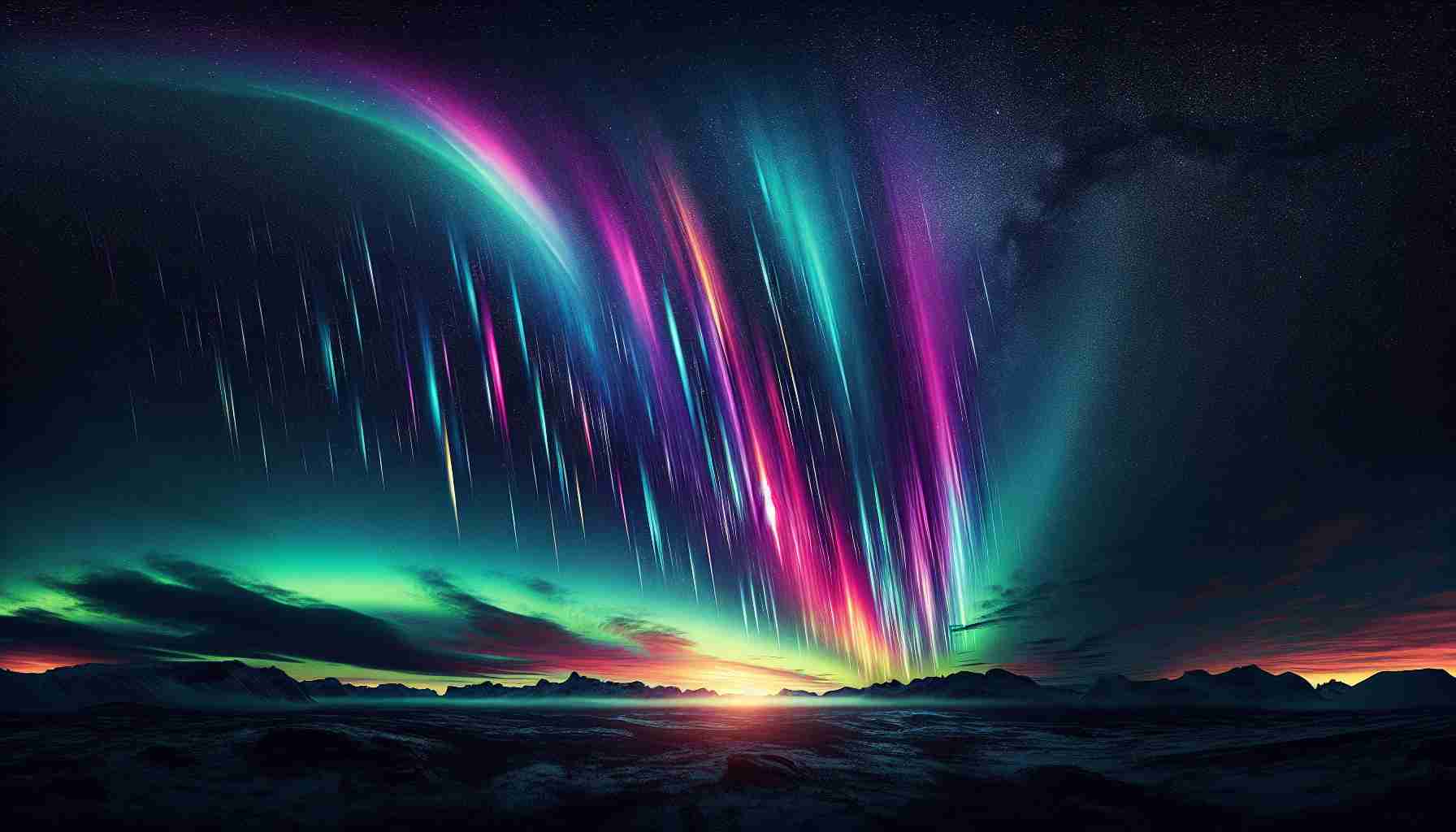 A high-definition, realistic image showcasing a rare celestial event as it illuminates the northern skyline. This spectacle includes an array of striking colors reflected in the dark sky, with dominant hues of vibrant purple, green, and blue interweaving across the celestial canvas. The panorama should capture a wide swathe of the sky, with the radiant display of lights magically cascading from the cosmic expanse above, seemingly converging onto the earthly scenery below. The composition should contrast the vivid dance of colors in the sky with the dark, silhouetted landscape on the horizon.