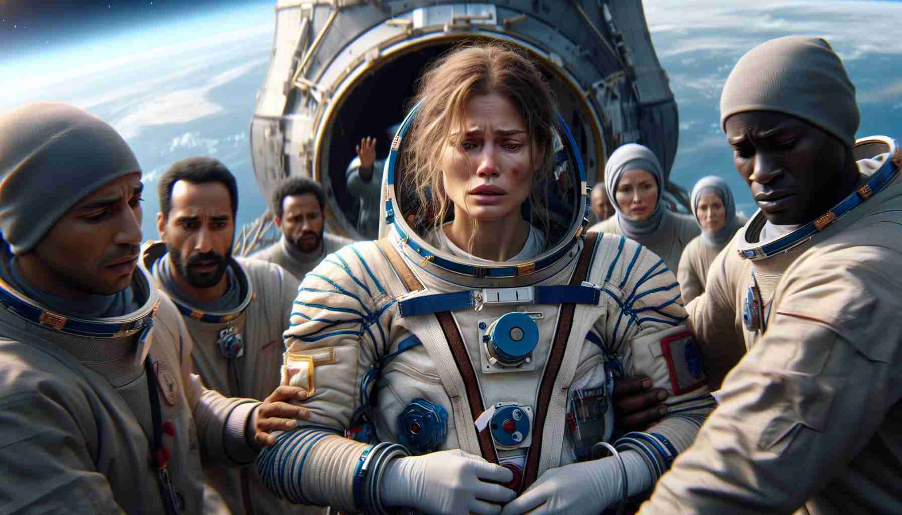 A high-definition realistic image capturing the emotional scene as a Caucasian female astronaut returns to Earth after a space mission. She appears tired and is carrying some medical equipment, perhaps indicative of an unspecified medical condition. She stands against the backdrop of the landing capsule, with Earth's blue skies in the background. Safety personnel, of Middle-Eastern and Black descent, rush towards her, their faces expressing concern and urgency. They are dressed in standard space mission ground crew attire.