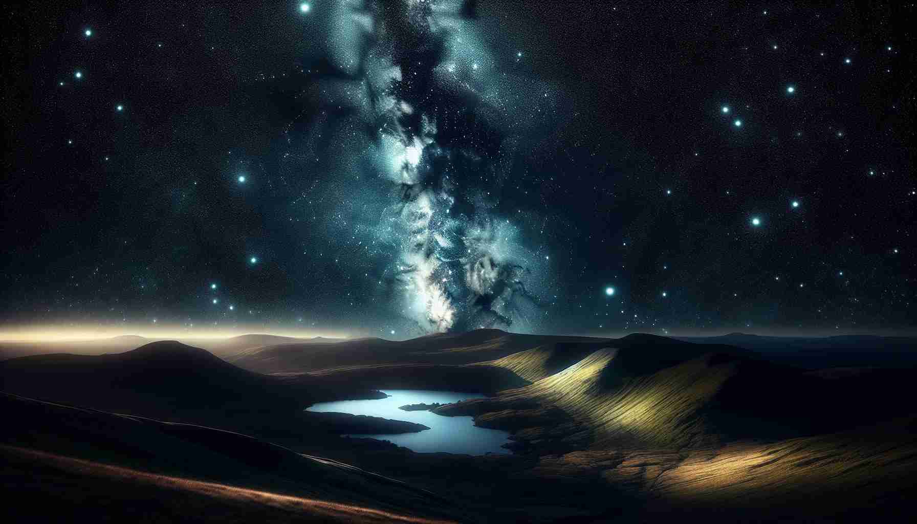 An enchanting, high definition image of the night sky with thousands of twinkling stars scattered across the velvet black canvas. The Milky Way stretches broadly over the horizon, casting gentle, otherworldly light. In the foreground, the majestic landscape of the British Isles is discreetly illuminated by the celestial gift. The dark hill contours, softly glowing patches of vegetation and faint ripples on peaceful lakes create a breathtaking contrast with the radiant cosmic spectacle above.