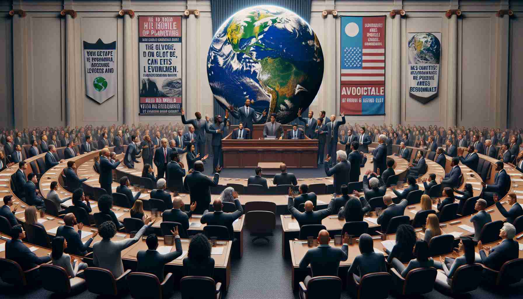 A high-definition, realistic image showing a scene symbolizing the rise of planetary advocacy in a legislative setting. The image consists of two parts: The foreground portrays a diverse array of legislators from various descents, such as Black, Hispanic, and Middle-Eastern, passionately discussing a globe symbolizing earth. Both male and female legislators are equally represented. The background features banners and posters advocating for environmental policies. No specific individuals or real politicians are depicted; the legislators are generic individuals. This image showcases the urgency and importance of global environmental issues in political discourse.