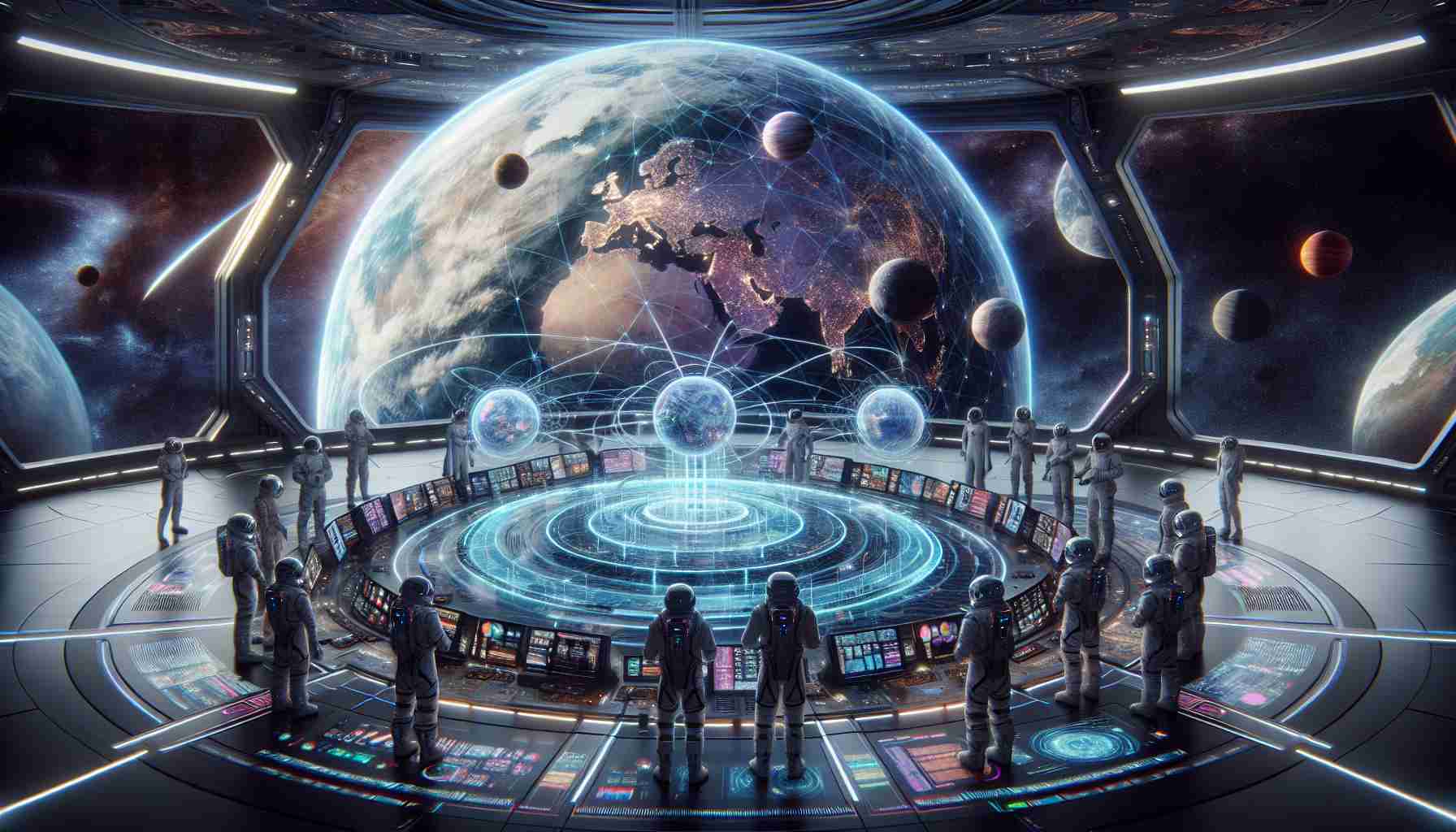 An ultra high definition, realistic image portraying the concept of 'Breaking Boundaries in Space Commerce'. The scene displays a multiracial group of male and female astronauts around a holographic projection showing multiple earth-based and extraterrestrial trade routes. The setting is within a sophisticated spaceship's command center, with views of the outer space, planets, and stars reflected on large glass windows. The high-tech equipment and gadgets around the room imply advanced technology for intergalactic commerce, representing progress and innovation in this field.