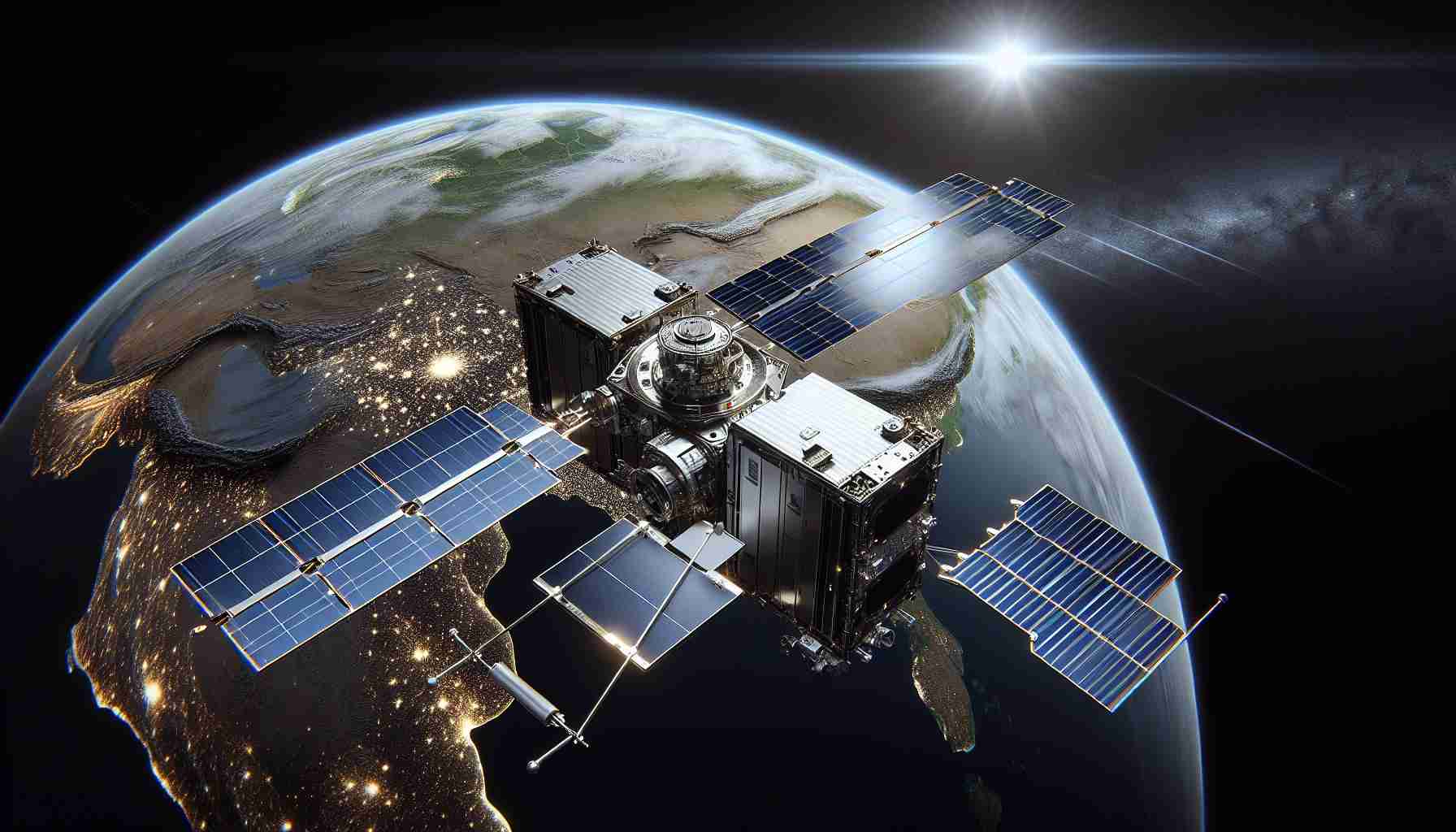 A high-definition, realistically rendered image showcasing the innovation in satellite technology. The scene features a sleek, modern satellite hovering against the backdrop of Earth. The satellite is equipped with state-of-the-art solar panels and antennas, reflecting the pioneering advances in technology. The Earth, seen from space, shines brightly, signifying the bright future of space exploration and technological progress. Please avoid capturing any specific countries in the Earth's depiction to maintain geographical neutrality.