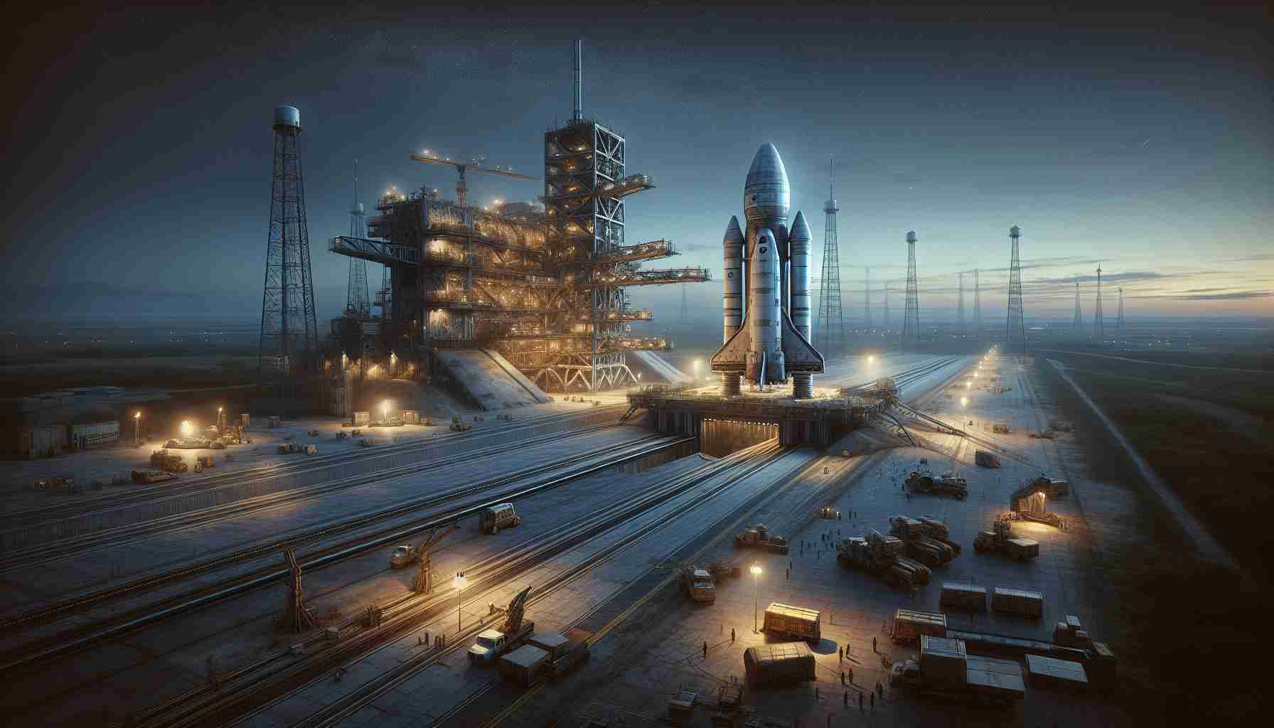 Realistic high-definition depiction showcasing the process of preparation for the launch of a historic interstellar spacecraft by a prominent private company in the aerospace industry. The scene portrays a large-scale spacecraft sitting on a reinforced ignition pad, sketched against the backdrop of an almost twilight sky. The industrial landscape surrounding this spaceport with machineries, workers and vehicles in motion, all busily facilitating the final checks and procedures before the imminent takeoff.