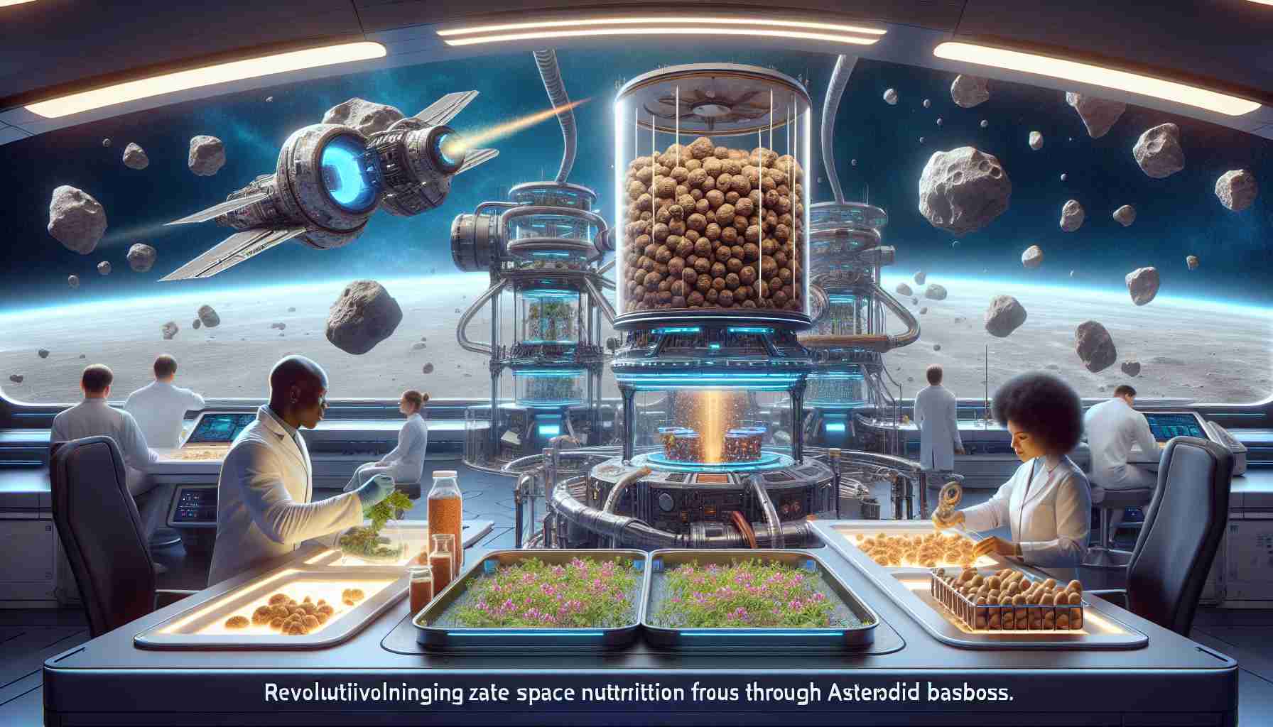 A high-definition, realistic depiction of the concept of revolutionizing space nutrition through asteroid biomass. The image could include a futuristic spacecraft equipped with advanced machinery mining asteroids for their biomass. This biomass is then being processed, maybe through a highly advanced system of tubes and machines, into food that looks nutritious and appetizing. Scientists, one Black woman and one South Asian man, engaged and focused on their tasks, work in the high-tech lab inside the spacecraft. It's a real step forward in space travel and nutrition.