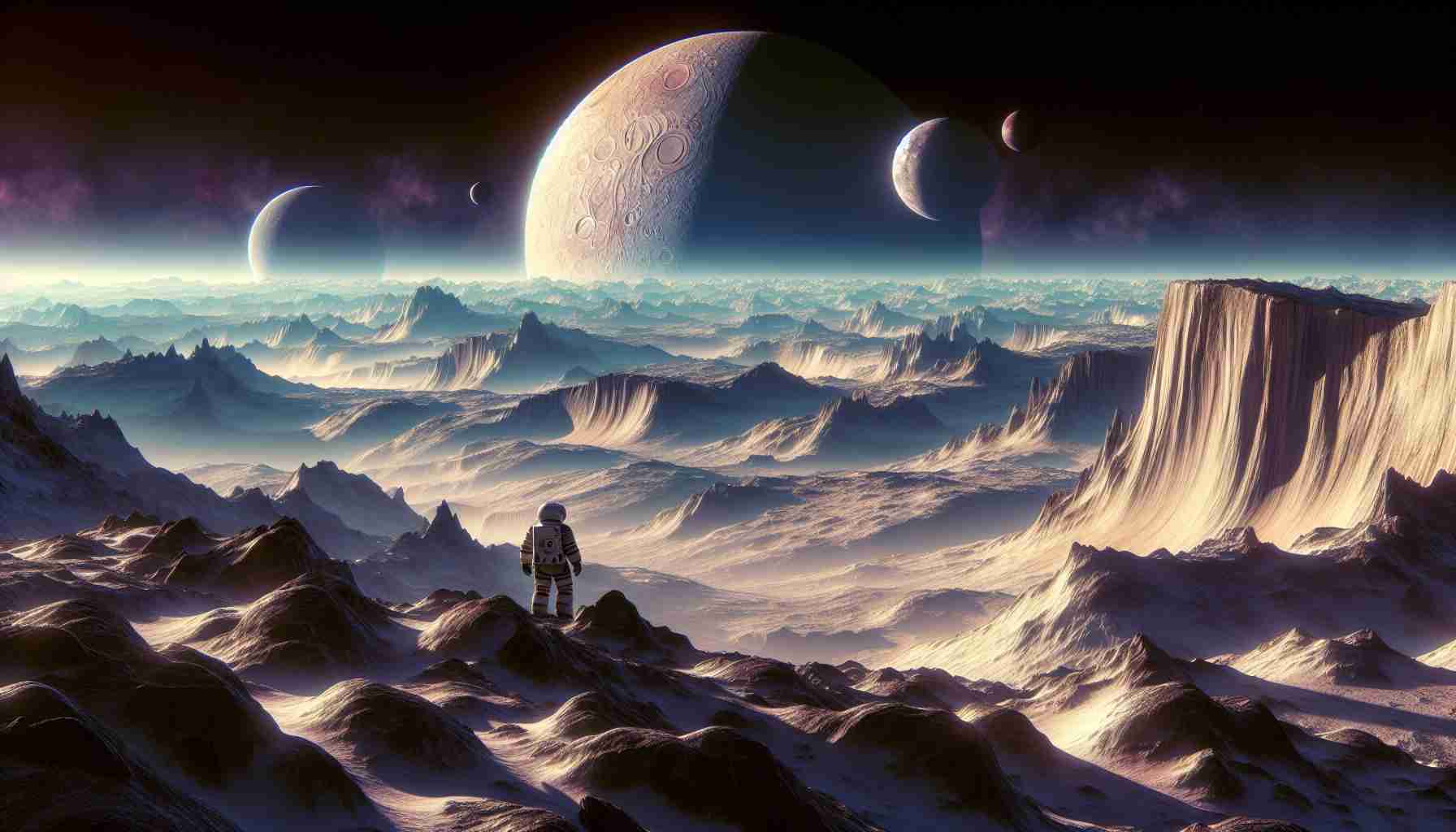 Generate an HD image that depicts the mysterious landscape of Charon, one of the largest moons of Pluto. Show an astronaut standing on the rocky, icy terrain gazing towards the distant horizon filled with unexplored regions. Use realistic colors and lighting to highlight the unique textures and features of this distant moon. Include elements such as deep craters, jagged mountains, and vast ice fields that encapsulate the unprecedented discoveries being made on this otherworldly landscape.