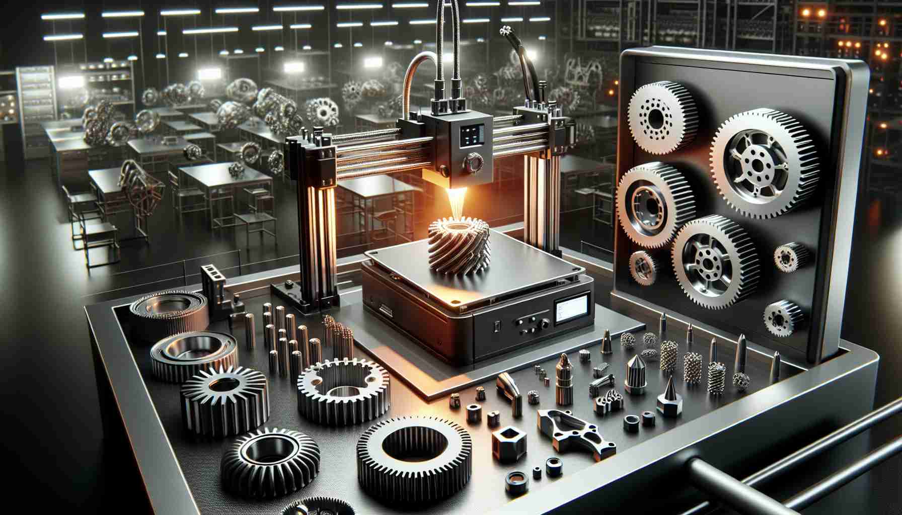 Realistic, high-definition image showcasing innovative 3D printing technology revolutionizing the production of metal parts. The scene can depict a futuristic workshop with automated machinery in operation. Vivid attention to detail should be given for the metal parts which could include gears, rods, and plates that are being produced. The 3D printer should be the centerpiece, ejecting a freshly printed metal part. Nearby, a printed sample collection featuring a range of shapes may be shown, signifying the versatility of this technology. Rounded off with metallic gleam, the image should evoke a sense of technological marvel.