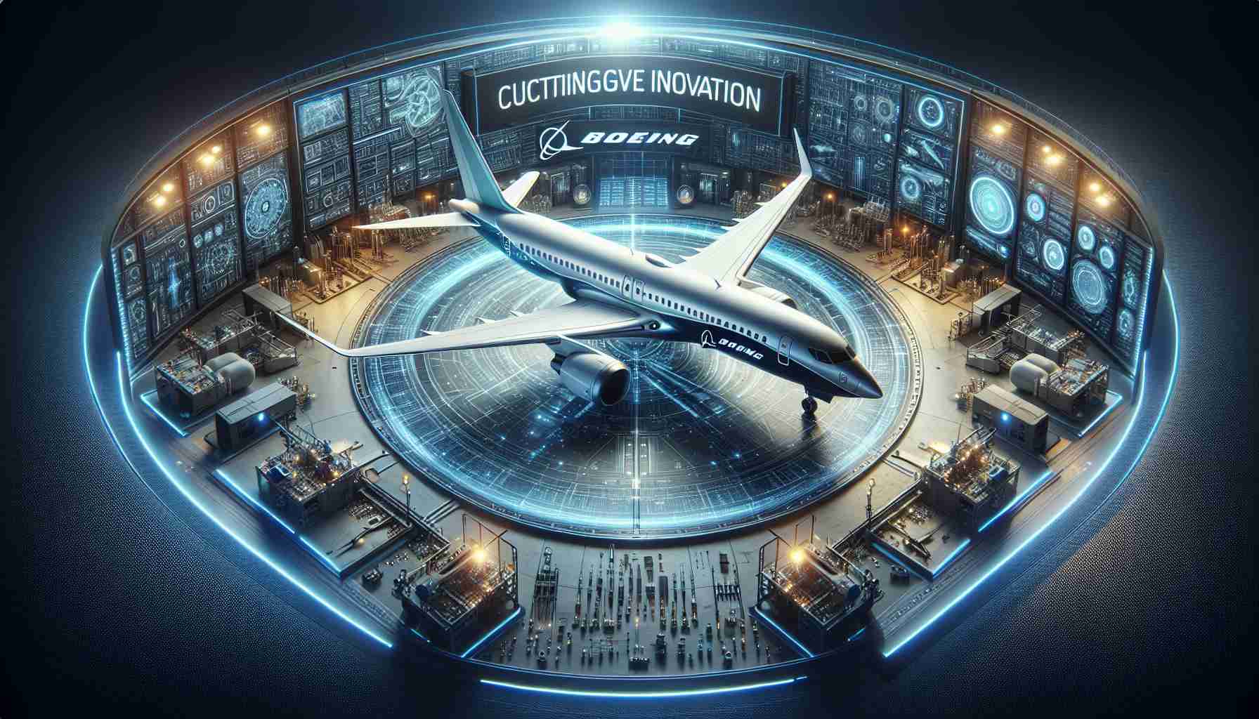 Create a high-definition image of a cutting-edge innovation, symbolizing Boeing's engineering ingenuity. It should showcase advanced aerospace technology in a well-lit environment, featuring sleek aerodynamic elements representative of Boeing's aesthetic. Please include elements such as advanced aircraft prototypes, streamlined interiors, and innovation labs with visible technological details.